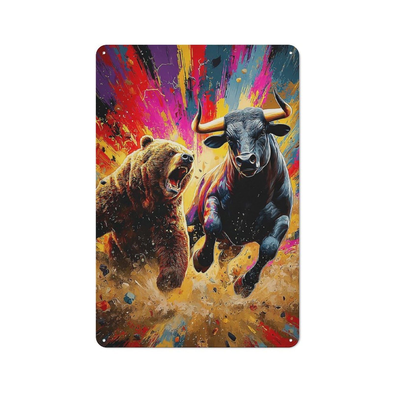 Junmoney Bear Vs. Bull Market Battle -2 For Hobby Room Or Studio, Rustic Metal Sign 30X20cm, For Creative Interior Collectors Refreshing A Room In Autumn