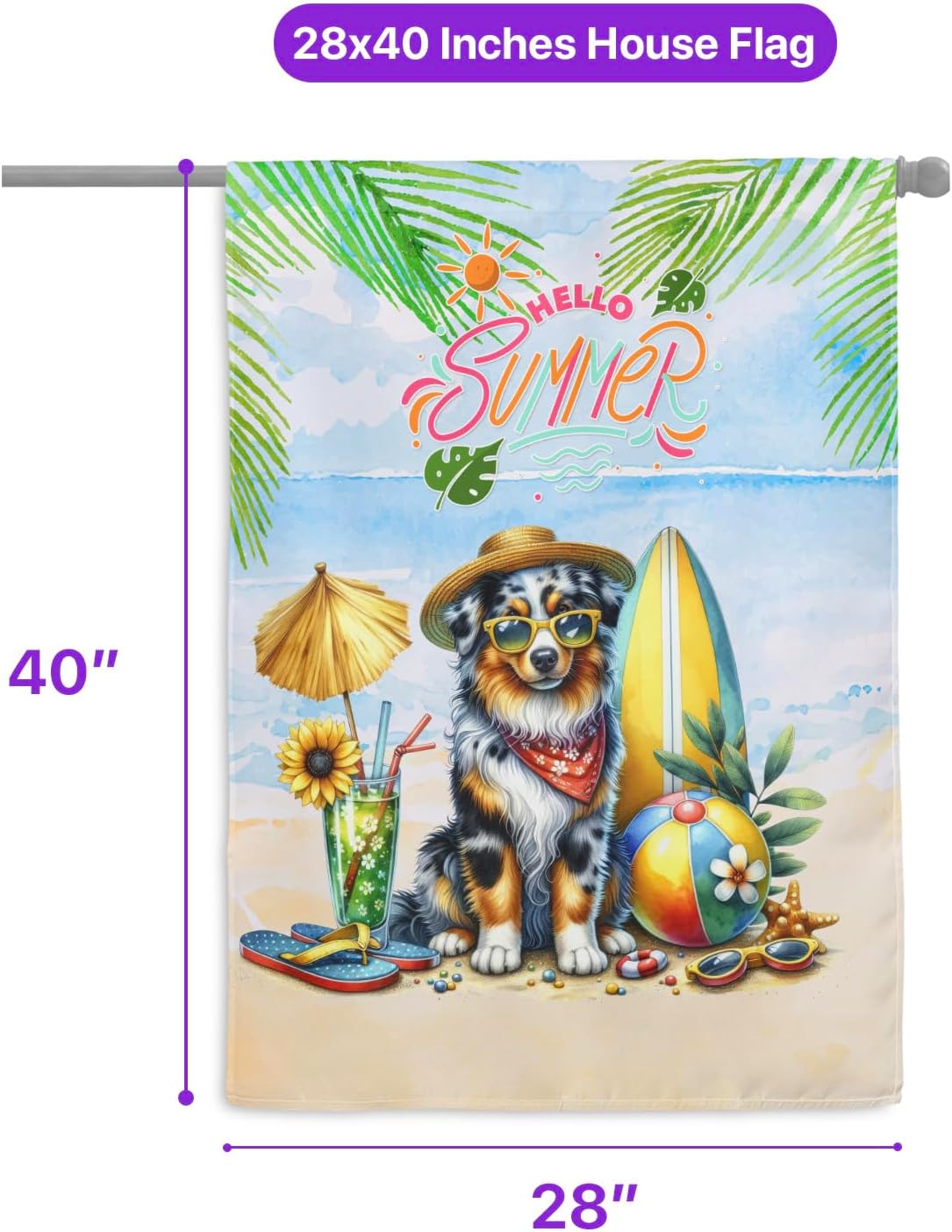 Miniature American Shepherd Hello Summer with Sunglasses and Surfboard Tropical Vibes House Flag 28x40in Double Sided MAS Dog Lover Gifts Idea Outdoor Decor - 007