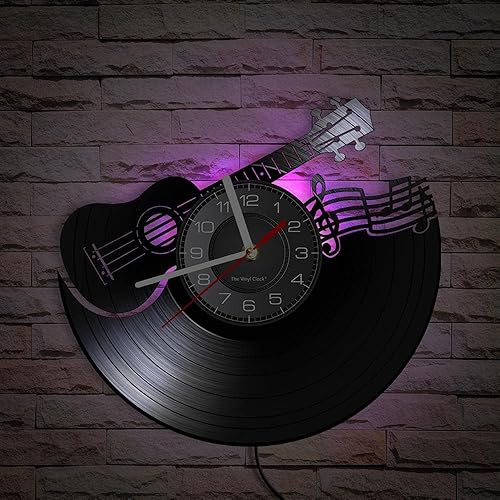 Miniatura 10 de Reloj de pared de guitarra acústica de 12 pulgadas, silencioso sin tictac, funciona con pilas, notas musicales musicales, reloj de pared con disco