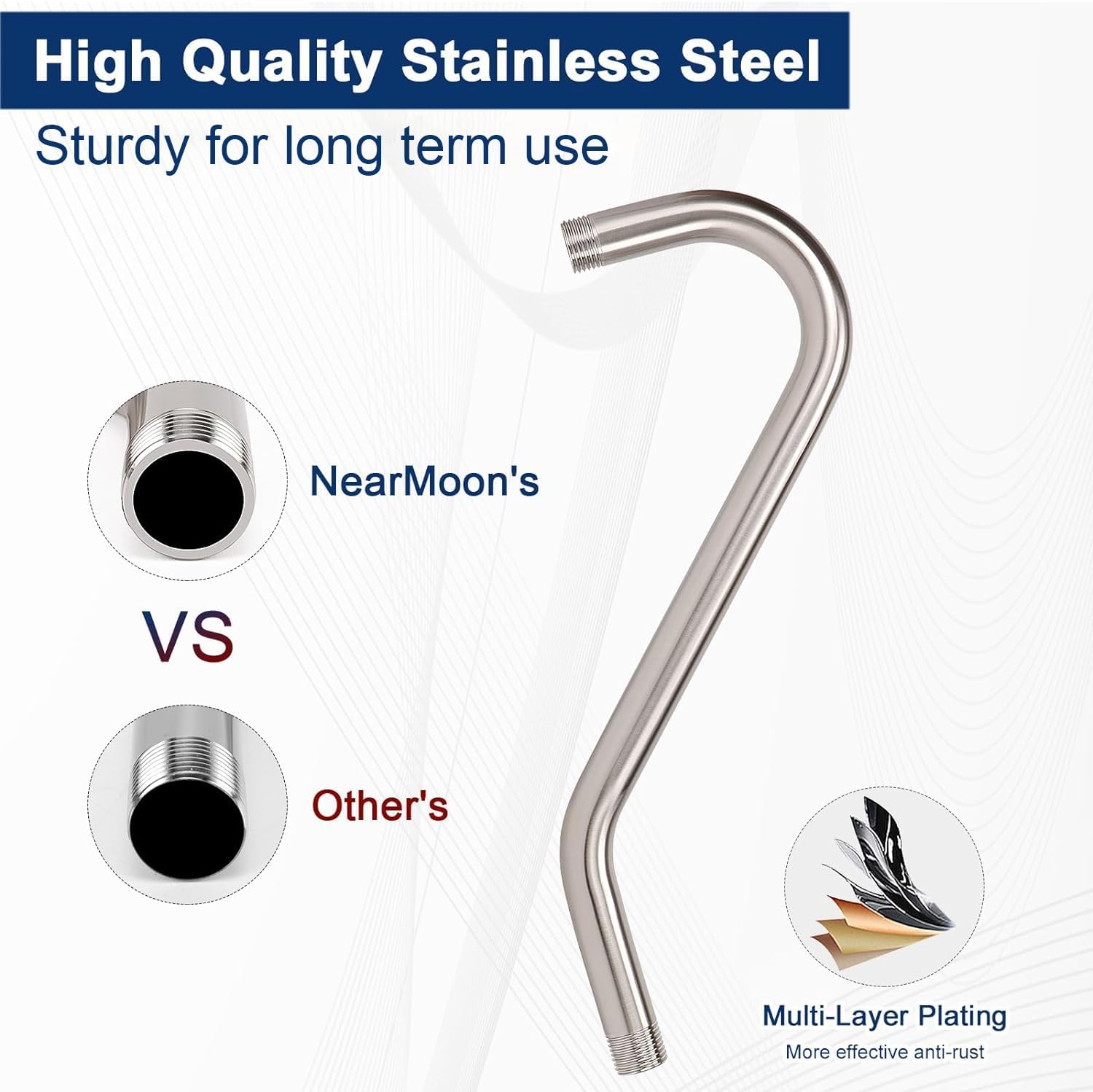 NearMoon J Shaped Shower Extension Arm, Stainless Steel Shower Head Height Extender with Flange, Riser Pipe Design for Cozy Shower Experience, Standard 1/2" Connection (12 Inch, Brushed Nickel) image 4