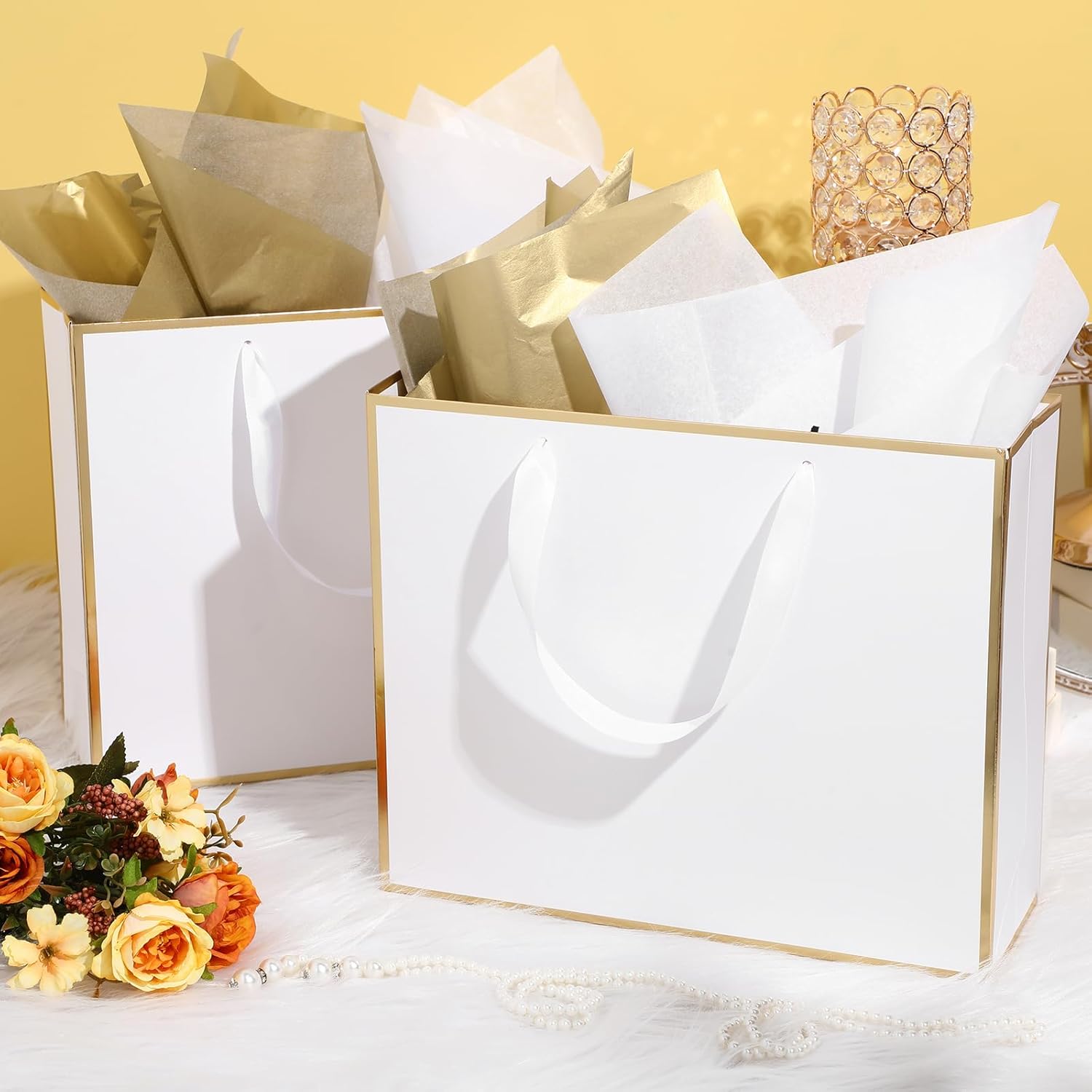 ReliThick Metallic Paper Gift Bag with Handles and Tissue Paper 11.8 x 10 x 4'' Thank You Favor Bag for St. Patrick's Day Wedding Bridesmaid Groomsman 5 Senses Gifts(White, Gold) - Image 5