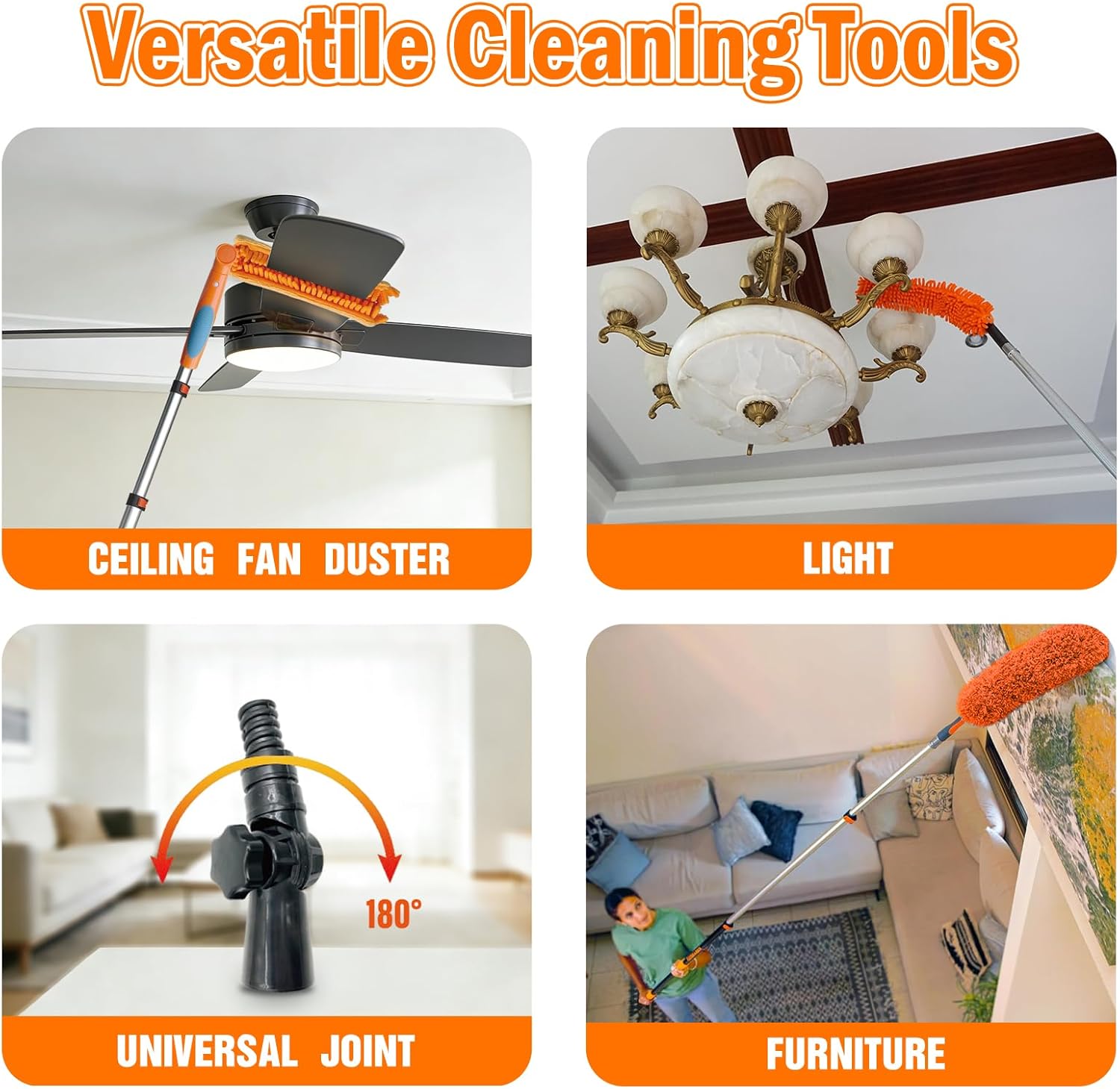 26FT Reach Ceiling Fan Cleaner Duster, Fan Blade Cleaner Kit with 5-20FT Extension Pole, Microfiber Duster & Replaceable Cleaning Cloth for Blades, Ceiling, Furniture