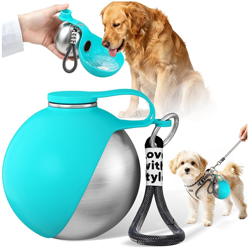 Garrafa de água para cães com tigela integrada em aço inoxidável HJKLIUT, 300 mL, Azul