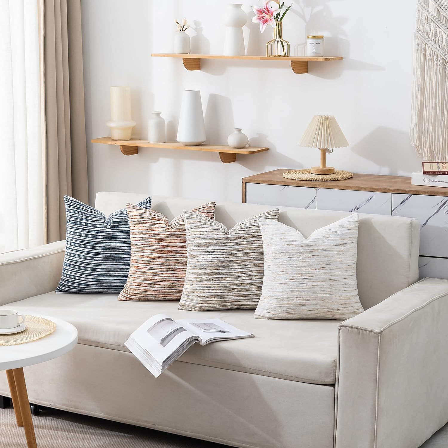Boho Pillow Covers 18x18 Set of 2 Geometric & Striped Pillow Covers-Hand-Tufted Textured Pillowcases-Farmhouse Linen Decorative Throw Pillows for Sofa, Couch, Bed, Chair, Living Room, Blue
