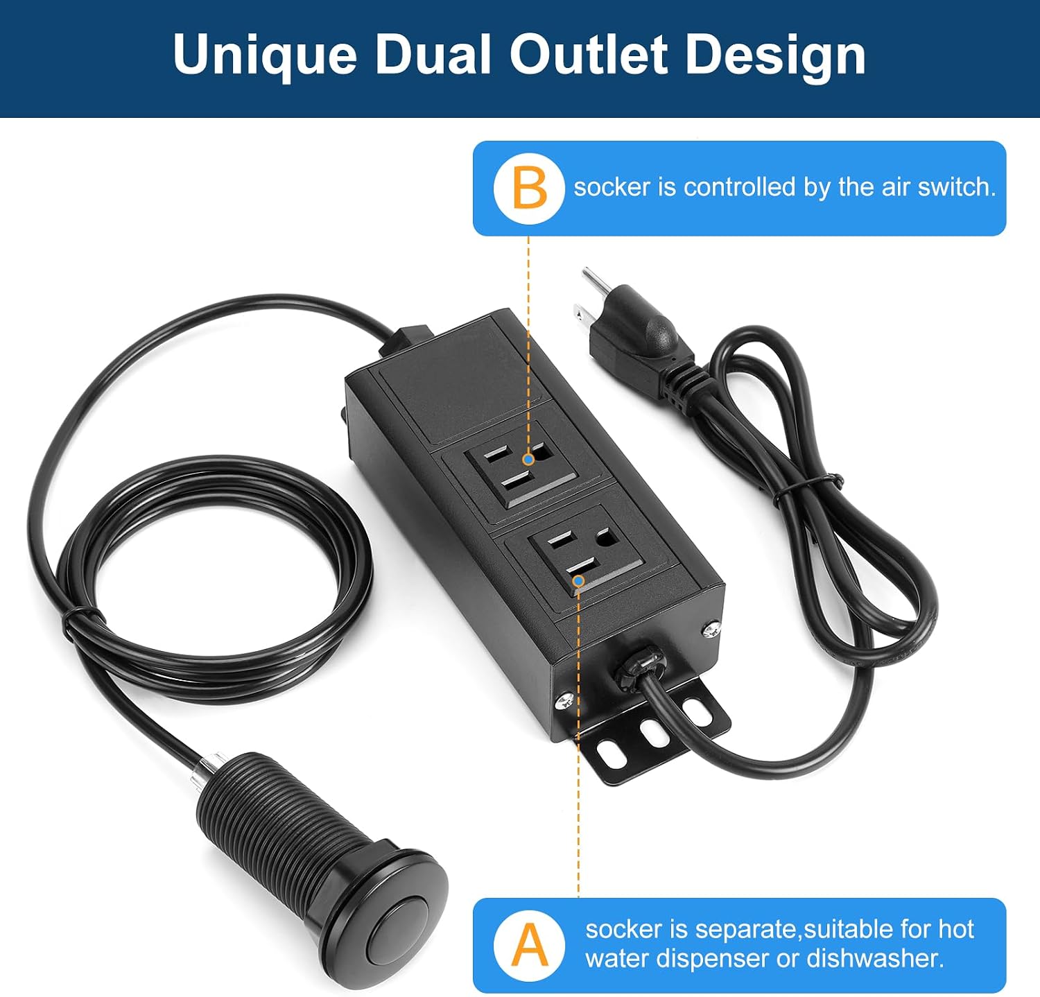 Air Switch Kit for Garbage Disposal, UL Listed Sink Top Air Switch for Food Waste Disposal, 3.58” Extra Long Air Button (Black- Dual Outlet)