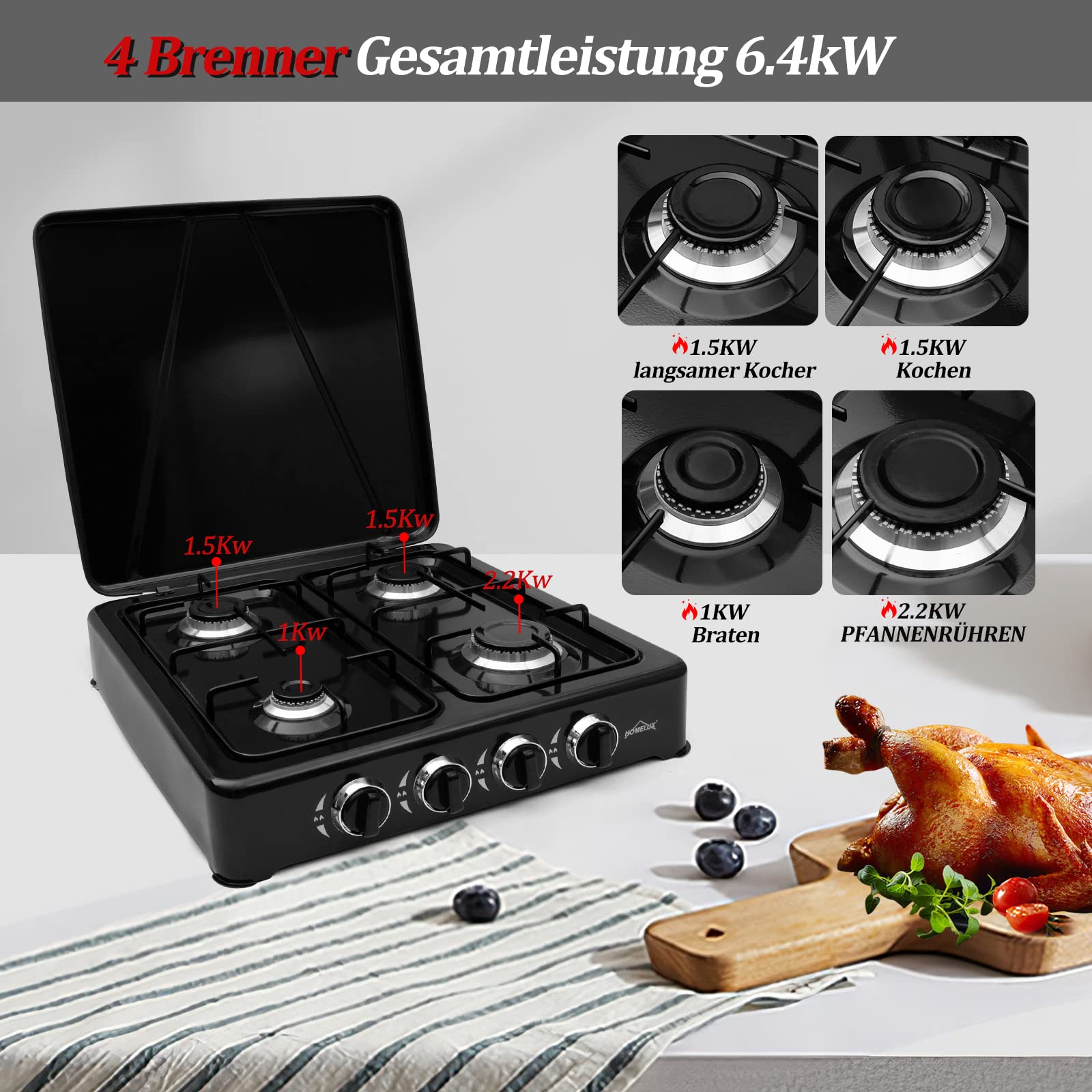 HOMELUX 6,2 KW Gaskocher 4 Flammig Campingkocher mit 150cm Gasschlauch Kochfeld mit Deckel Herd Gas Outdoor Schwarz