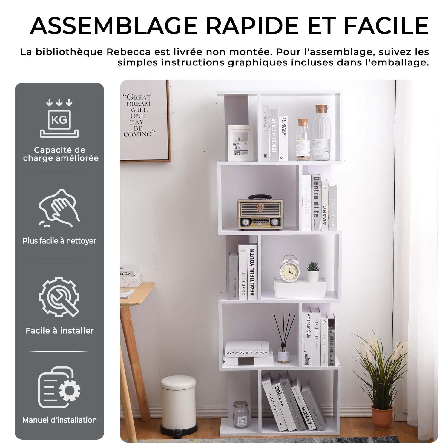Bibliothèque Étagère De Rangement Avec 5 Compartiments Ouverts Design Simple Moderne Idéale Pour Salon Chambre Bureau 45 X 21 X 170 Cm Blanc Et Chêne