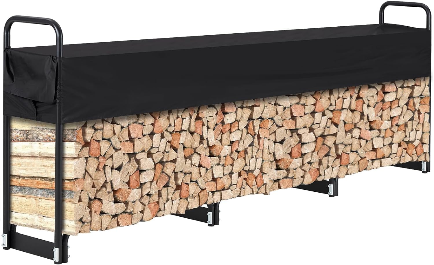 12 Ft Firewood Rack Outdoor, Firewood Rack With Anti-Rust Coating and Waterproof Cover, Firewood Holder for Outdoor/Indoor, Firewood Storage Bracket Kit, Black