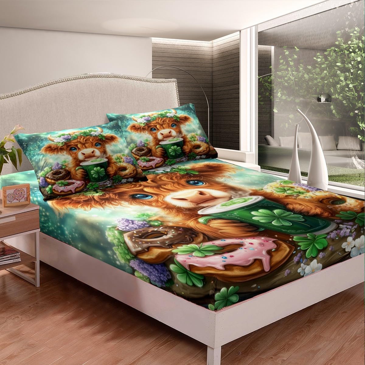 Highland Cattle Fitted Sheet Full Size,Cute Western Animal Doughnut Mattress Cover,1 Fitted + 2 Pillowcases,St. Patrick's Day Clover Leaves Deep Pocket Bed Cover (No Top Sheet),Polyester