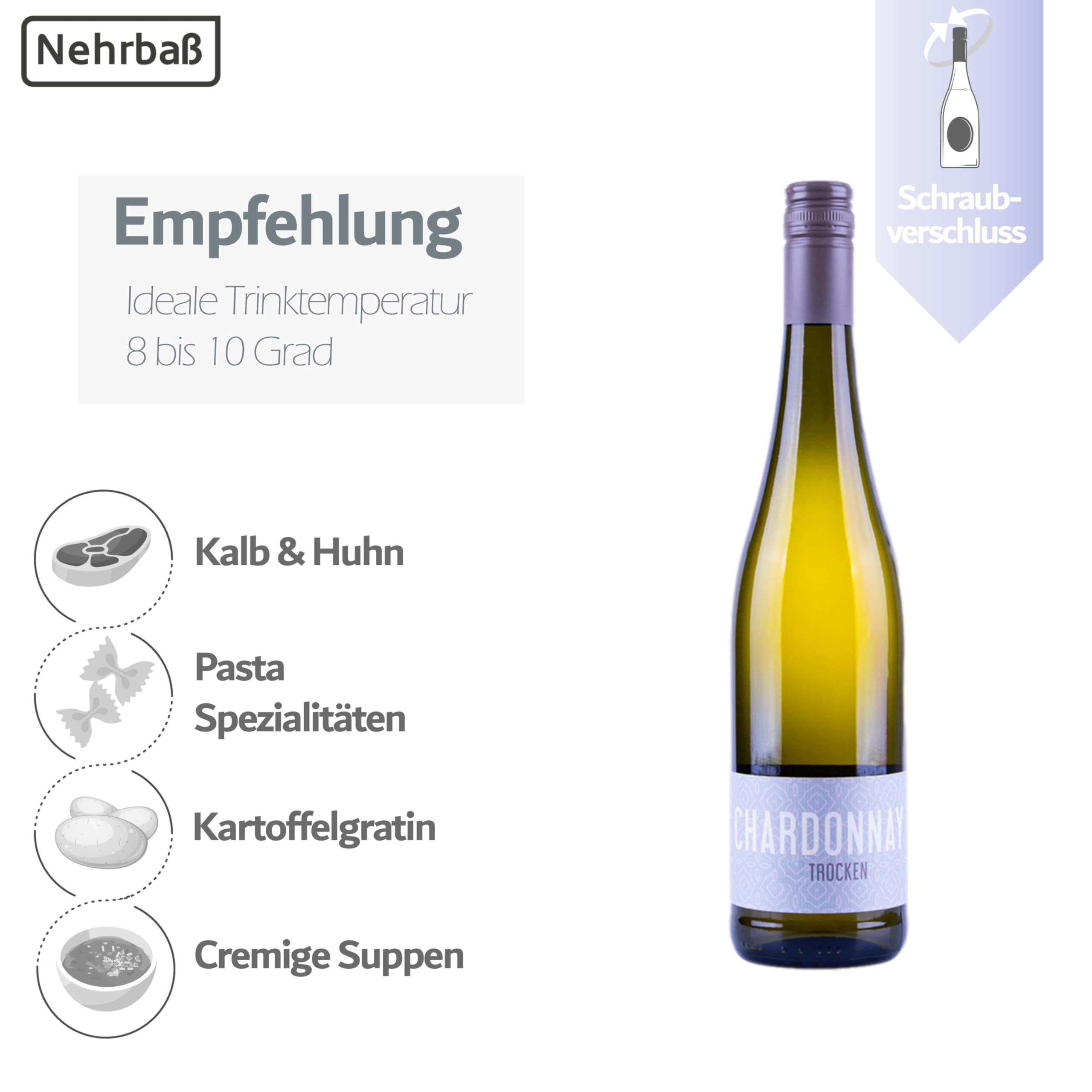 Nehrbaß - “Chardonnay 2024” - Weißwein trocken 6 x á 0,75 Liter - Qualitätswein - Vegan - Aus Deutschland (Rheinhessen) - mit Schraubverschluss