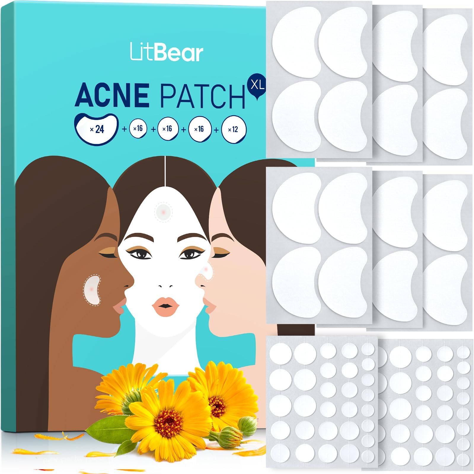LitBear 84 Patches 5 Size Acne Patches Large, Hydrocolloid Pimple Patches for Large Breakouts, Zit and Blemish, Large Acne Patches for Face, Chin, Back and Body with Tea Tree Oil