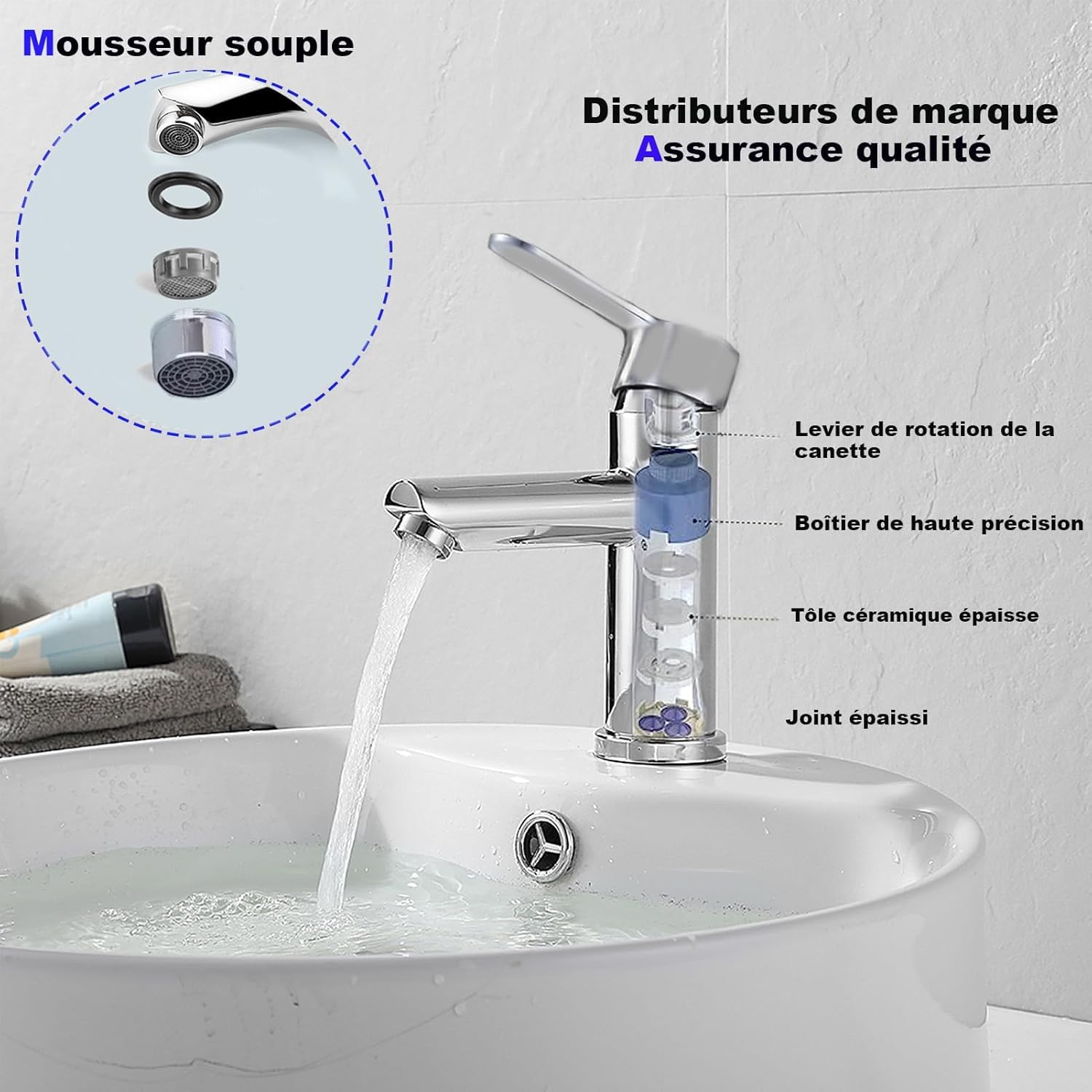 Robinets de lavabo et salle de bain chauds et froids en acier inoxydable, avec économie d'eau silencieuse et sans égouttement pour salle de bain, lavabo, petits robinets de cuisine (brossé)