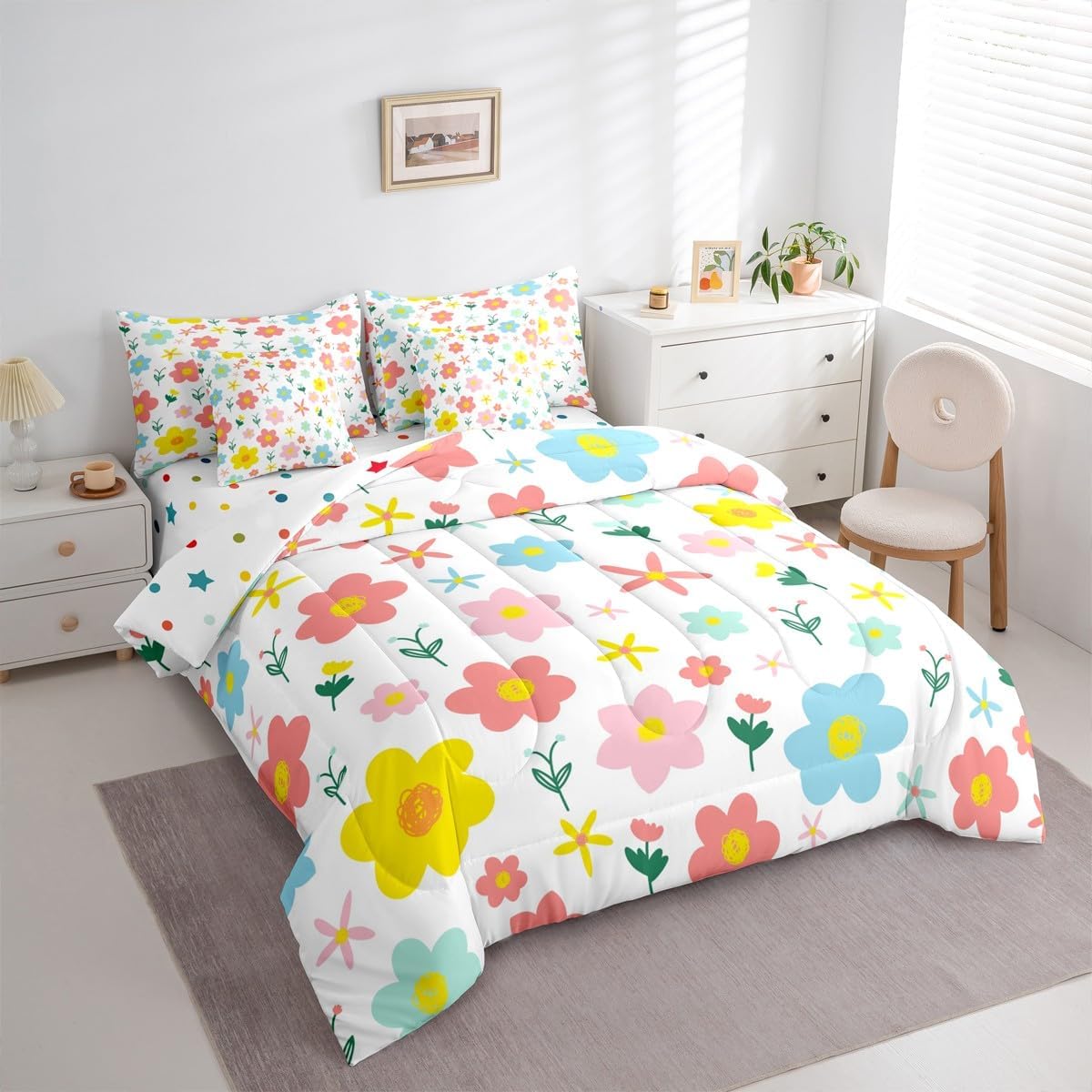 Erosebridal Cute Flower 7 Pcs Bedding Set Queen Size,Kawaii Cartoon Floral Bed in a Bag,Colorful Flower Bed Set Includes Comforter,Sheet Set,Pillowcases & Pillow Covers,Red Yellow Blue Bedroom Decor