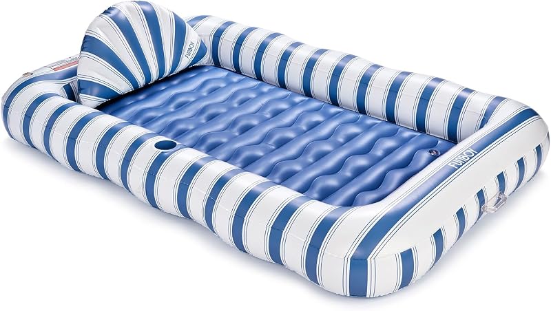 White & Blue Cabana Stripe Tanning Pool Lounger with Pillow & Cup Holder