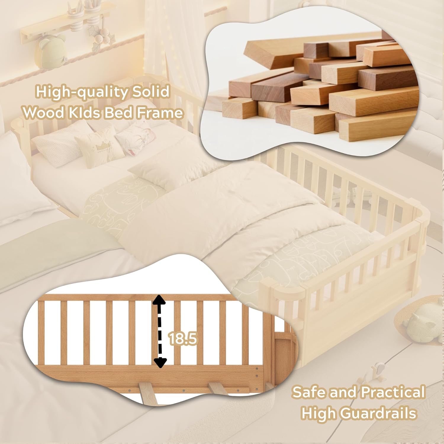 Twin XL Size Bed Frame Kids, Solid Wood Montessori Bed with Detachable Side Fences and Safety Rails, Kids Daybed Frame for Boys’ and Girls’ Room, Low Profile & Rounded Corners Design, Natural