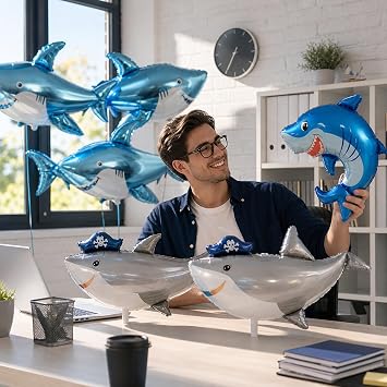 6PCS Inflatable Shark, Blow Up Shark Balloons in Blue Double-Sided and Cartoon Styles for Pool Party Decor