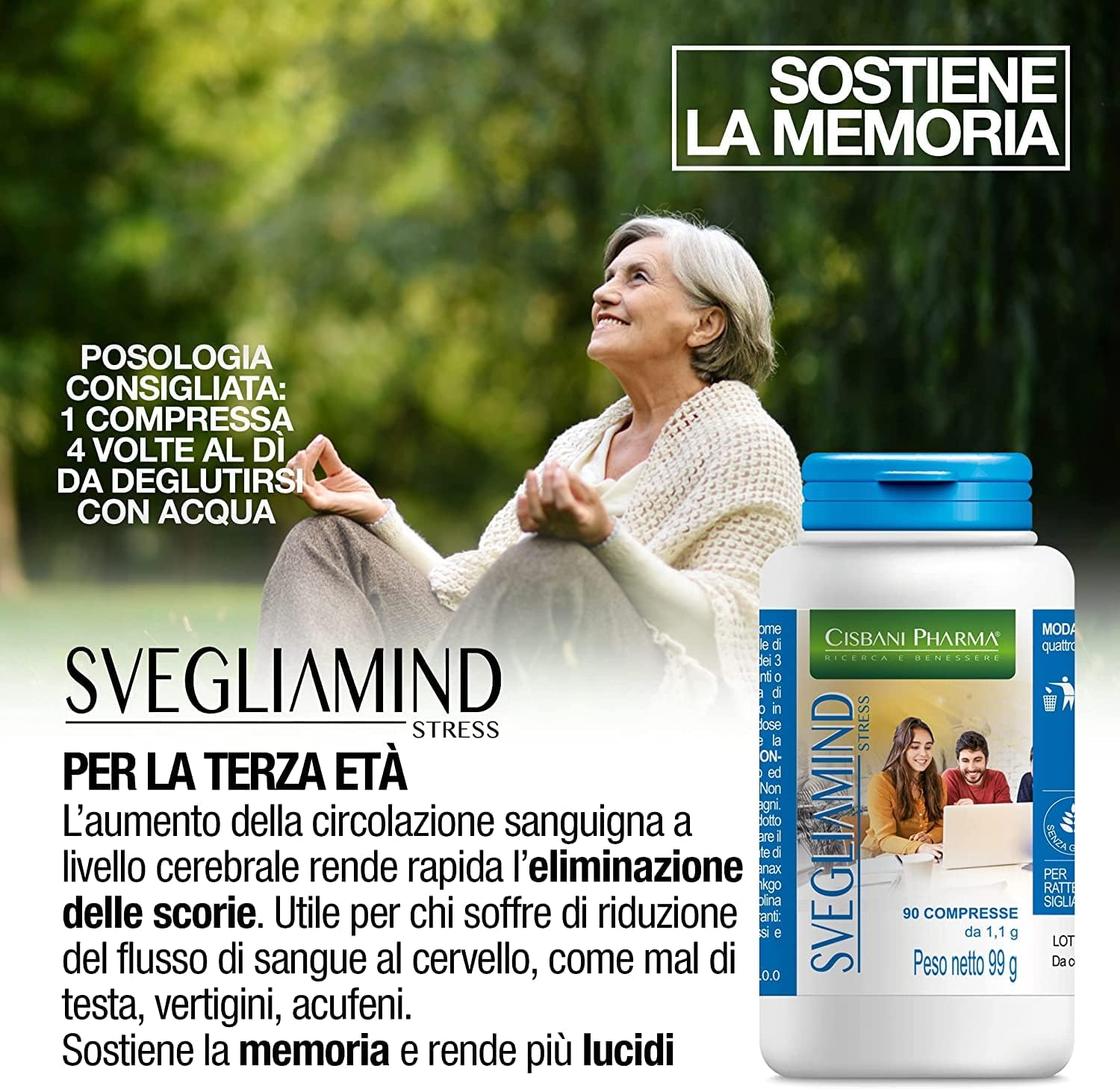 CISBANI PHARMA SVEGLIAMIND, Integratore Nootropico per Concentrazione e Memoria - 90 compresse con Ginkgo Biloba, Fosforo, Magnesio, Taurina, Ginseng, Vitamina b6 e Colina, Riduce la stanchezza