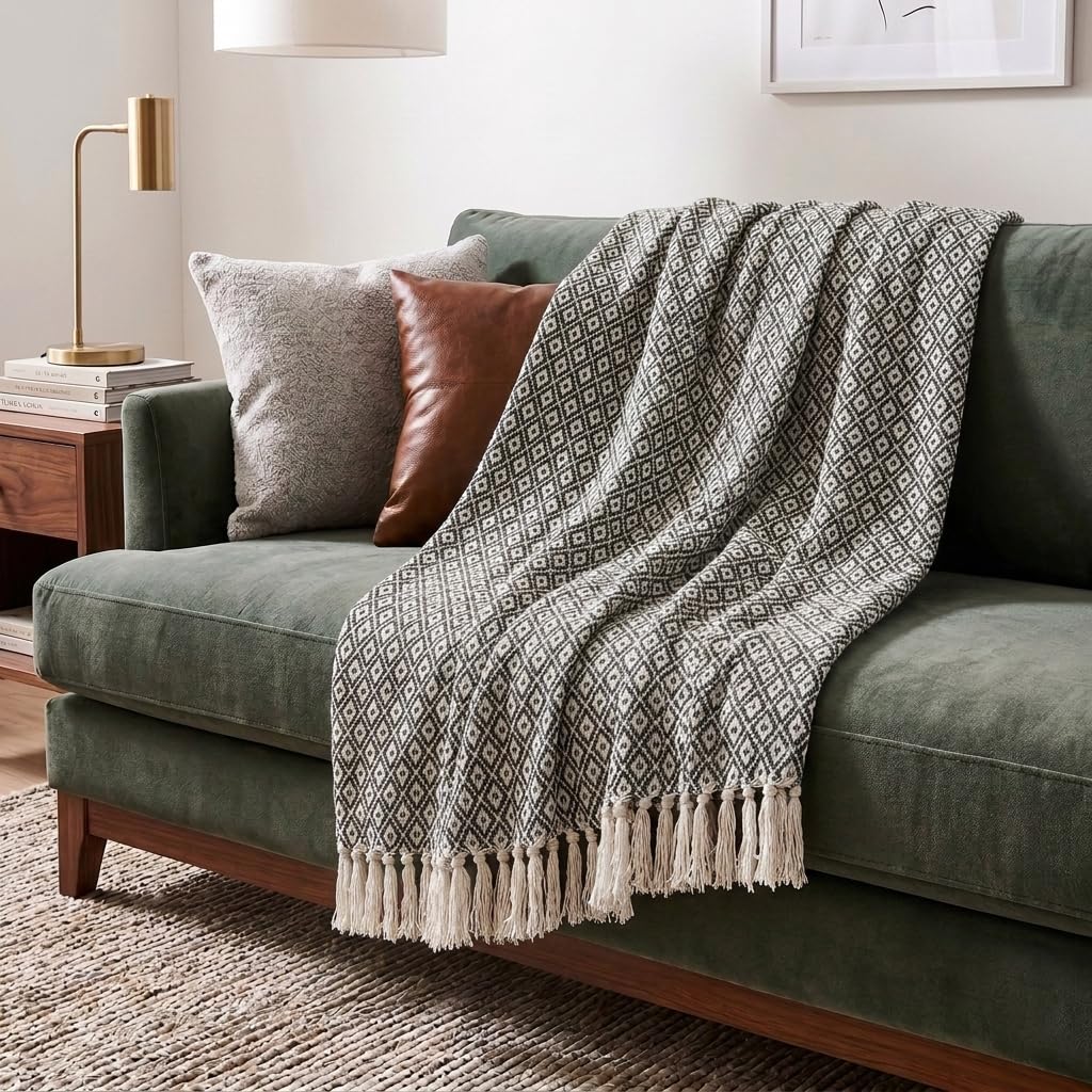 Americanflat 100% bawełniany koc narzuta na kanapę, 127 x 152 cm, neutralny na każdą porę roku, lekki, przytulny, miękki koc i narzuty na łóżko, sofę lub krzesło, do użytku wewnątrz lub na zewnątrz [czarny kremowy szewron]