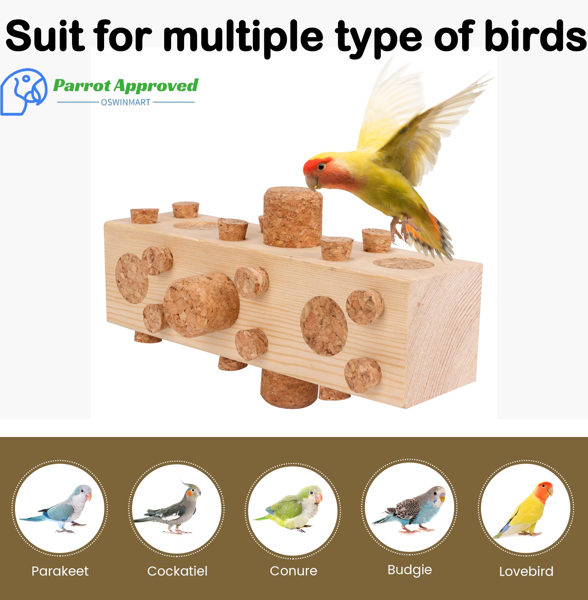Parrot Toy Cage Perch with Pine Wood Foraging Smart Chewing Toy Soft Corks for Small to Regular Size Parrot Cockatiel Foraging Toy - image 7