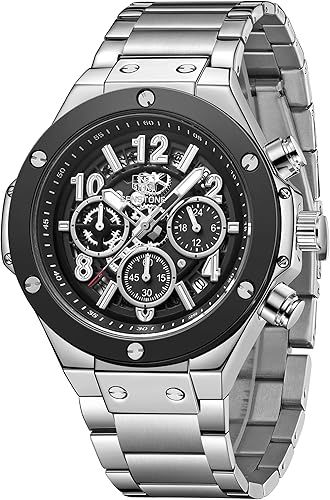 SENSETONE Mens Watches Quartz Movement Chronograph Stainless Steel Black Strap Fashion Business Sport 30M Waterproof Big Dial Wristwatch Elegant