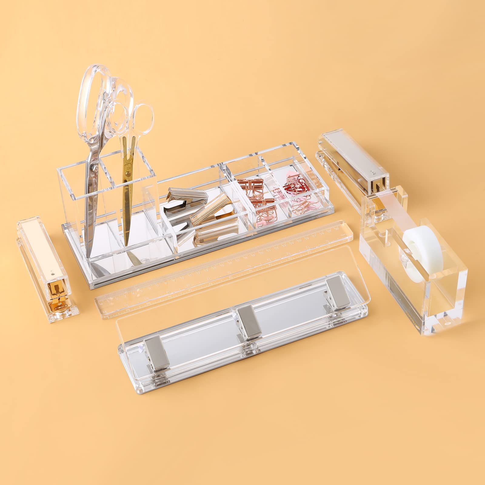Punzone standard in acrilico e argento a 3 fori, capacità 10 fogli, perforatore da tavolo 3 anelli, accessorio da scrivania per ufficio, trasparente/argento (argento)