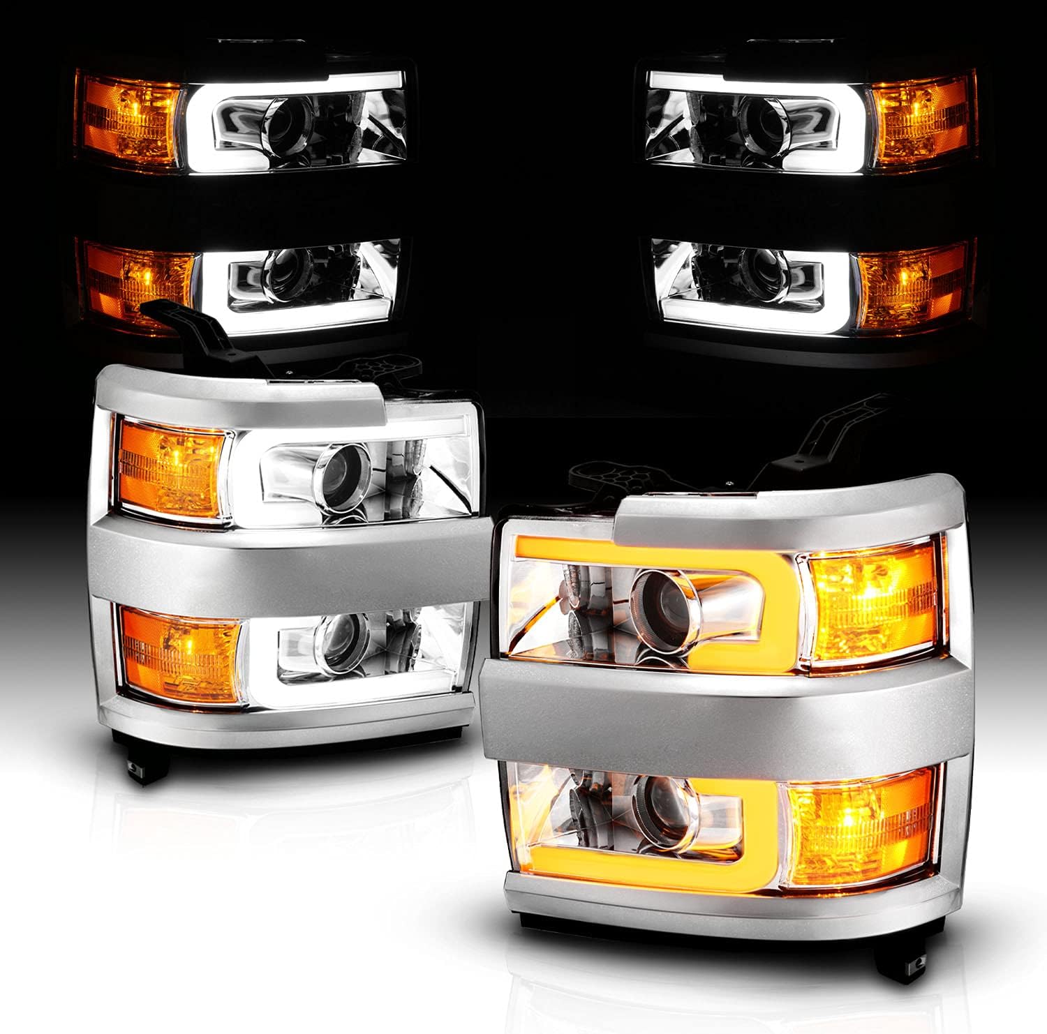 AmeriLite for 2015-2019 Chevy Silverado 2500HD 3500HD Work Truck Chrome Quad Projector Headlights w/Dual LED Tube Replacement Assembly Set - Passenger and Driver Side