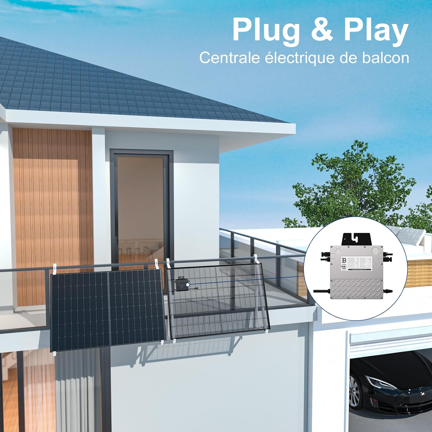 Diagram showing BENY Micro Inverter installation on a balcony with solar panels