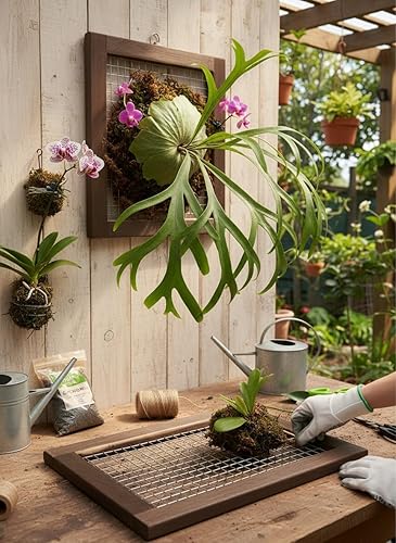 Miniatura 9 de Kit de montaje de helecho de cuerno de ciervo, maceta de madera para colgar en la pared para orquídeas y jardín vertical, tablero de soporte para