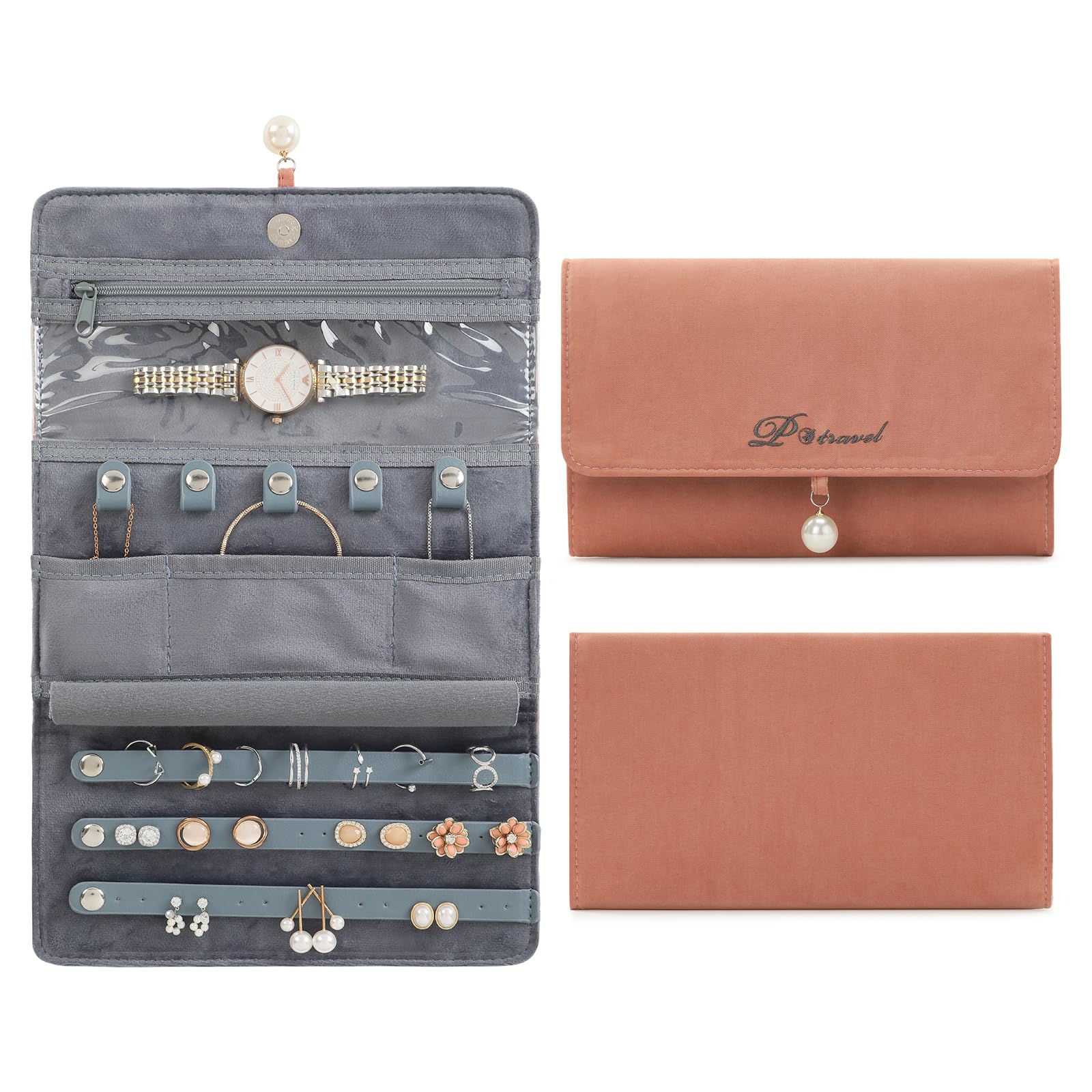 Bolsa de Rollo de Joyería, Plegable Enrollable Joyería Estuche, Organizador de Joyas para Collares, Pulseras, Pendientes, Anillos, Broches-Naranja