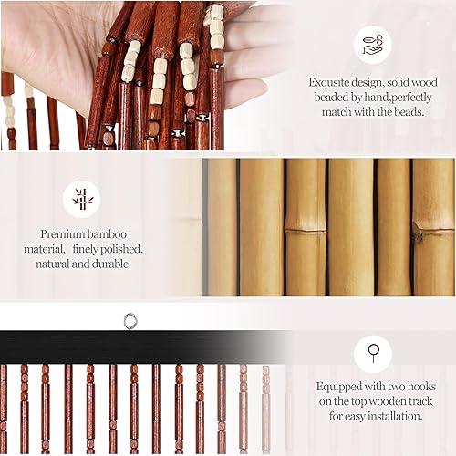 Miniatura 5 de Cortina de cuentas de bambú, cortina bohemia con cuentas de 52 hebras de 35.4 x 74.8 pulgadas, cortina de madera natural para puerta, cortina de