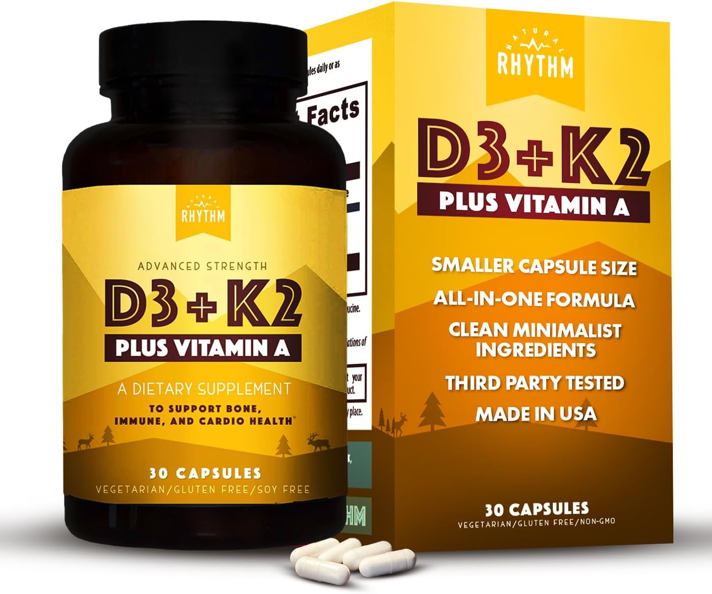 Natural Rhythm Vitamin D3 + K2 (MK7) Plus Vitamin A, For Bone, Heart, & Immune Health, 30 Capsules