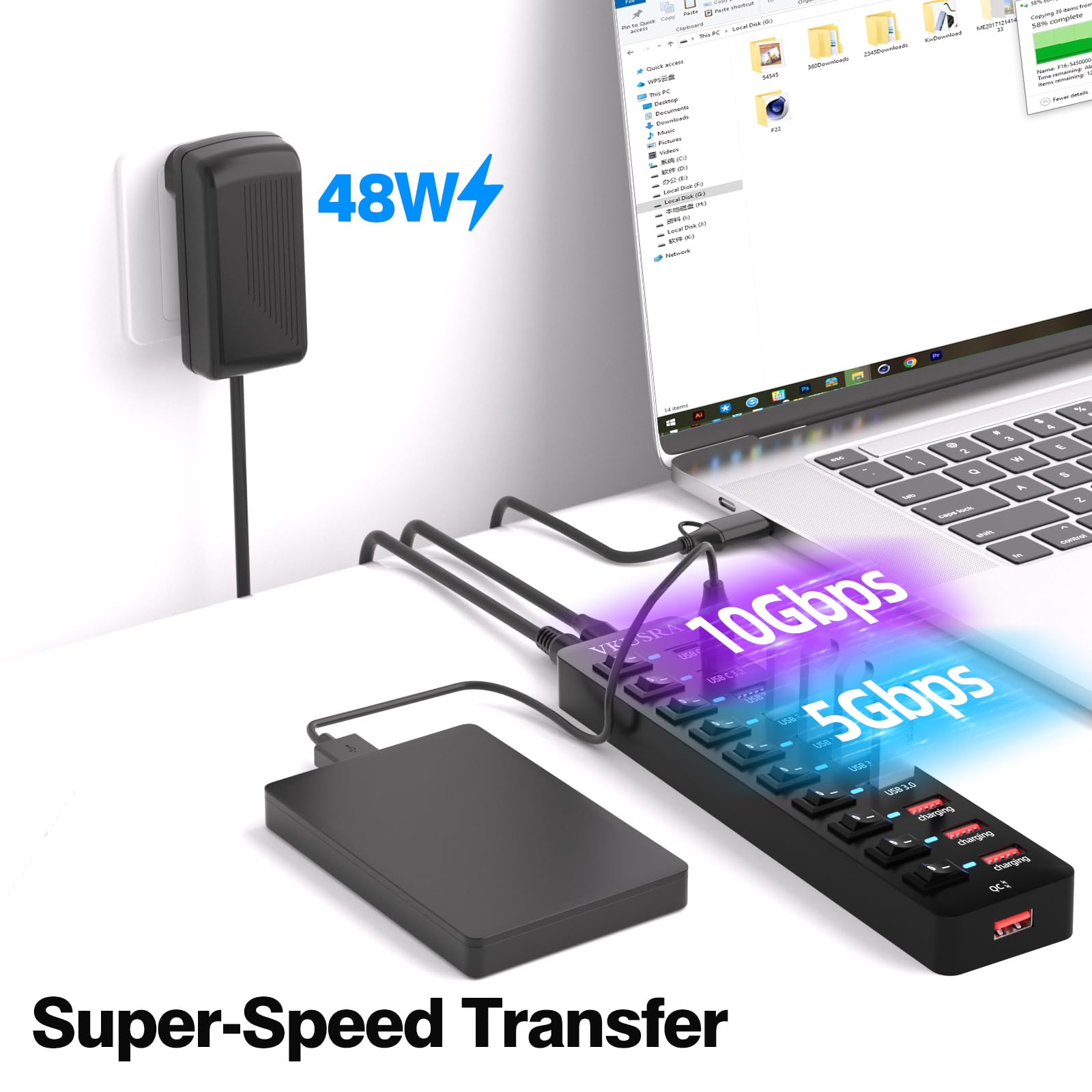 Hub USB 3.2 avec 11 Ports à 10 Gbps - A/C, 4 Ports de Charge Rapide 3.0 - Câble 2-en-1 120 cm et Adaptateur Secteur 48W