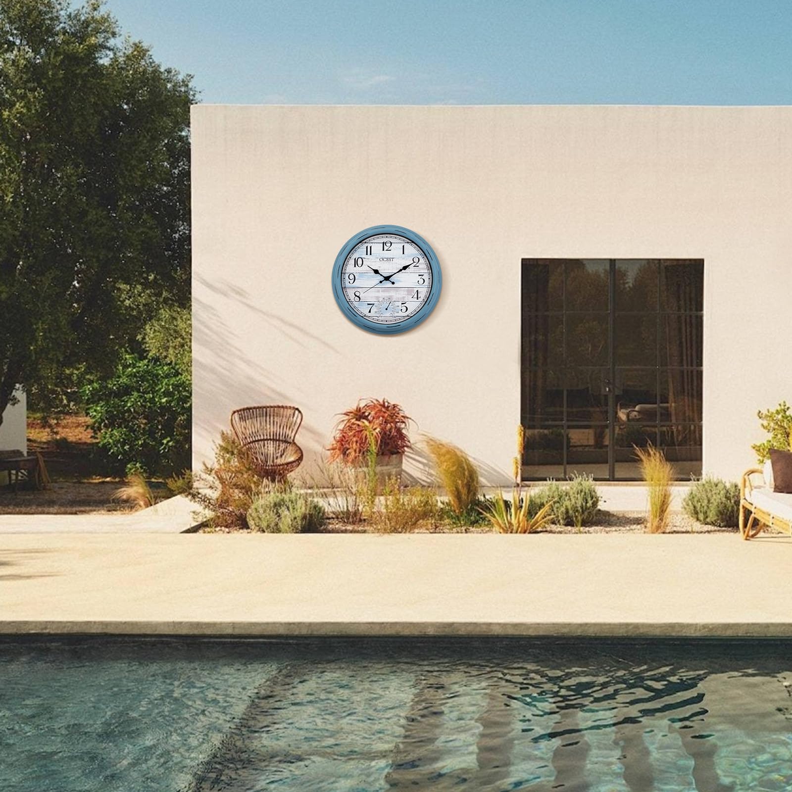 OCEST Reloj grande de 40,6 cm para interiores y exteriores, reloj de pared impermeable con termómetro, resistente a la intemperie, sin tictac, funciona con pilas, reloj decorativo para patio, piscina,