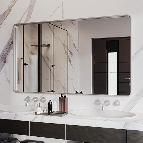 Miniatura 1 de ISKM Espejo con marco plateado para Wal para pared de baño de 51 x 30 pulgadas, espejo de tocador con marco mate, antioxidante, vidrio templado,