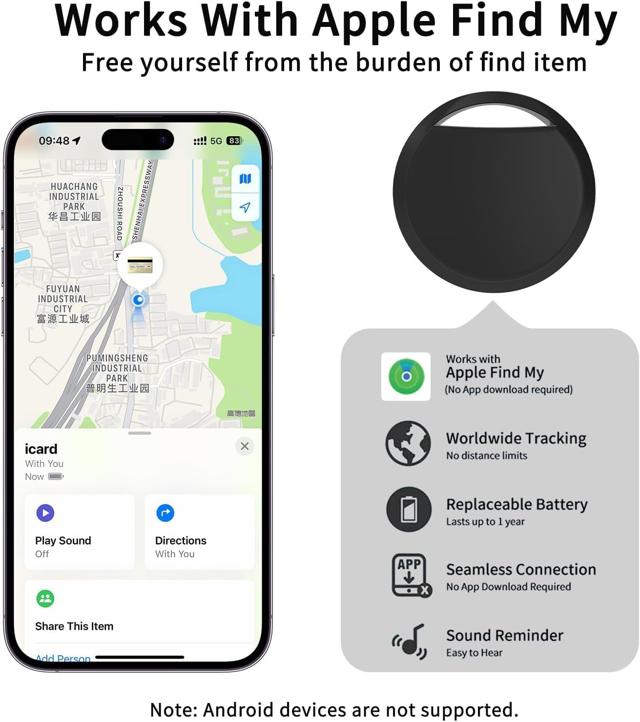 RSH Air Tracker Tag Lot de 4 localisateurs d'articles Bluetooth fonctionnent avec Apple Find My (iOS), alarme 80 dB, étiquette intelligente étanche IP67 avec batterie remplaçable, pour clés