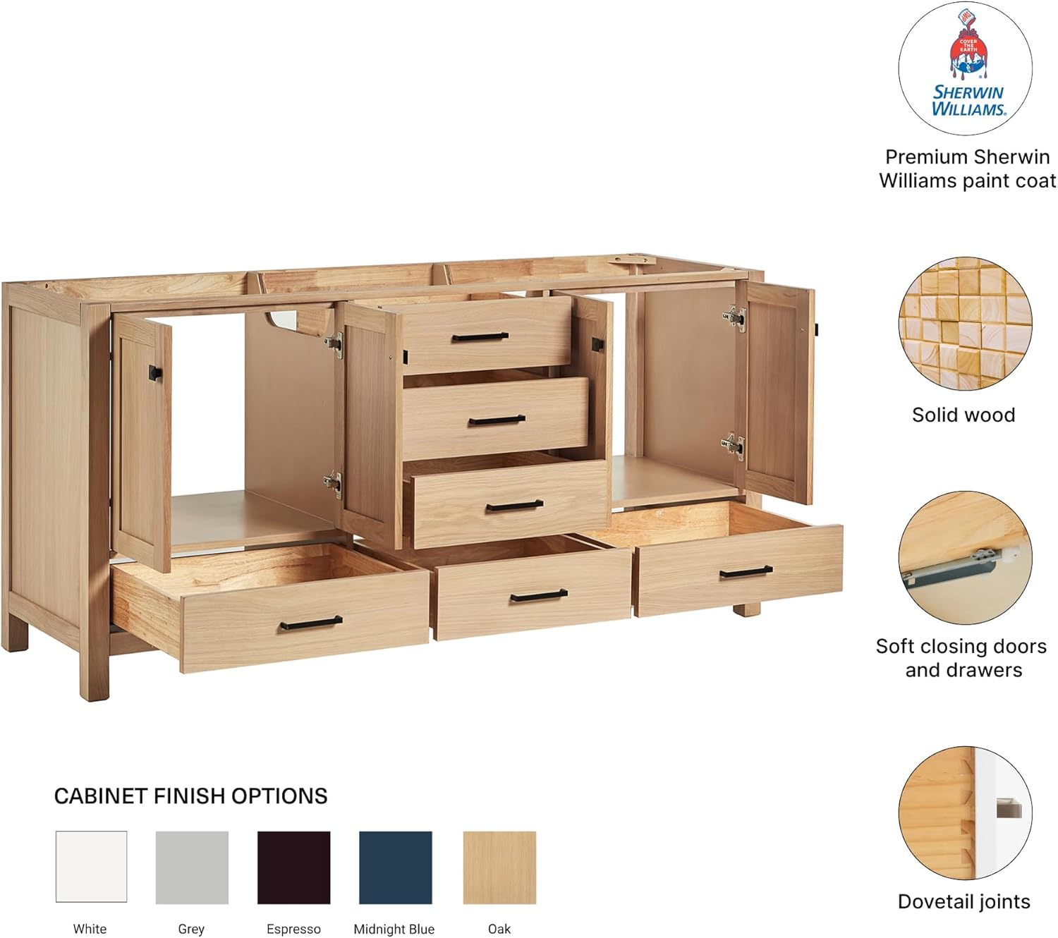 DKB Beckford 72-Inch Oak Double Bathroom Vanity Base Cabinet, Shaker Doors, 6 Full Extension Dovetail Drawers, Matte Black Hardware, Solid Wood Frame