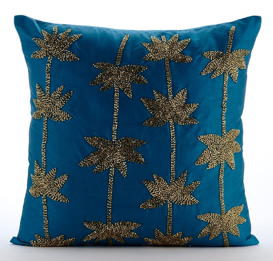 The HomeCentric Teal Blue Euro Sham, Pack of 2, 65x65 cm (26"x26") Euro Sham, Zardozi Lotus Flower Antique Euro Shams, Taffeta Euro Shams, Floral Contemporary Euro Shams - Gold Lotus Dreams โ image 1