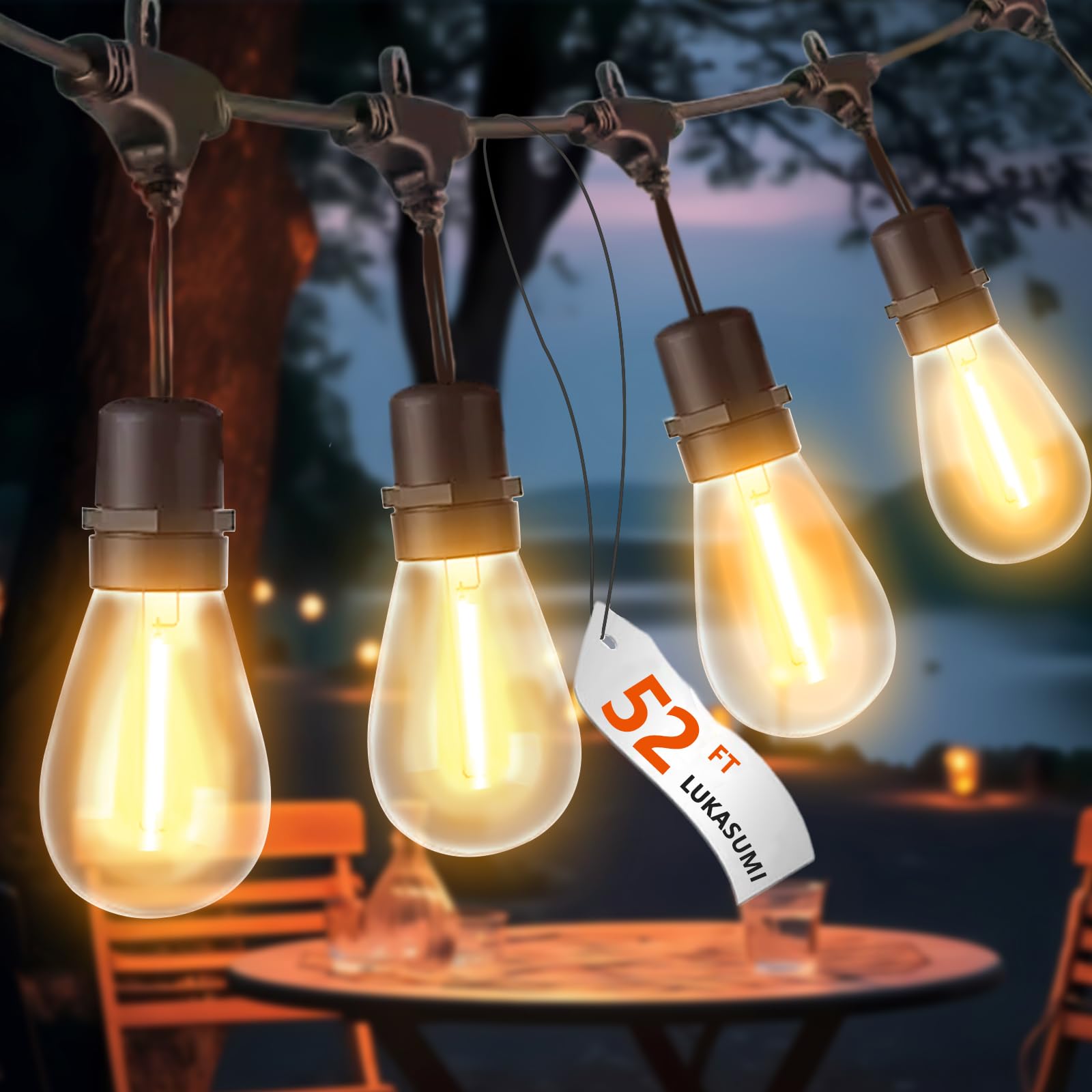 LUKASUMI 52 Ft LED Outdoor String Lights, Connectable Patio