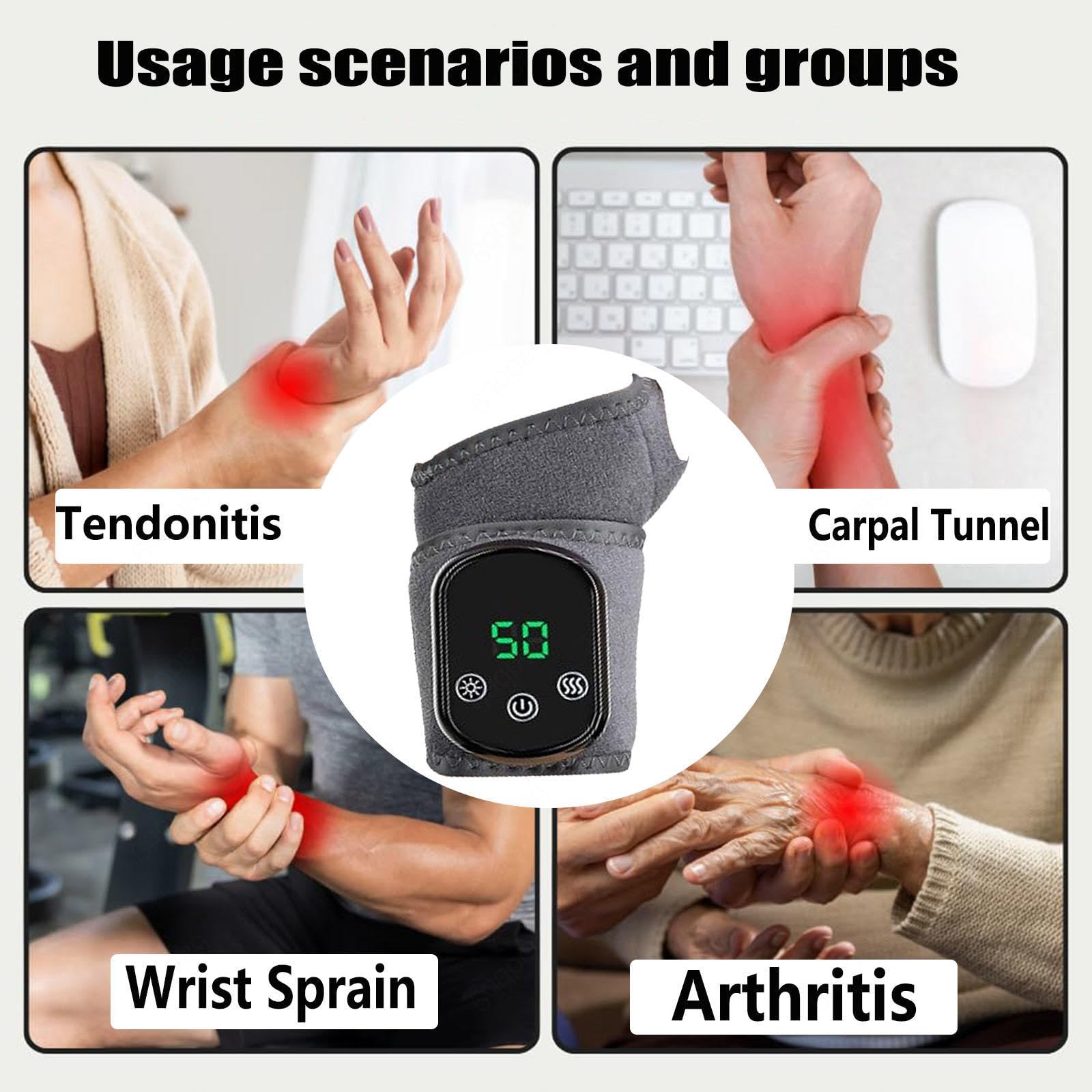 Masajeador de Muñeca para Alivio de Tendinitis y Túnel Carpal Masajeador de Muñeca, 5 Temperaturas de Calentamiento 3 Modos de Masaje(2 piezas)