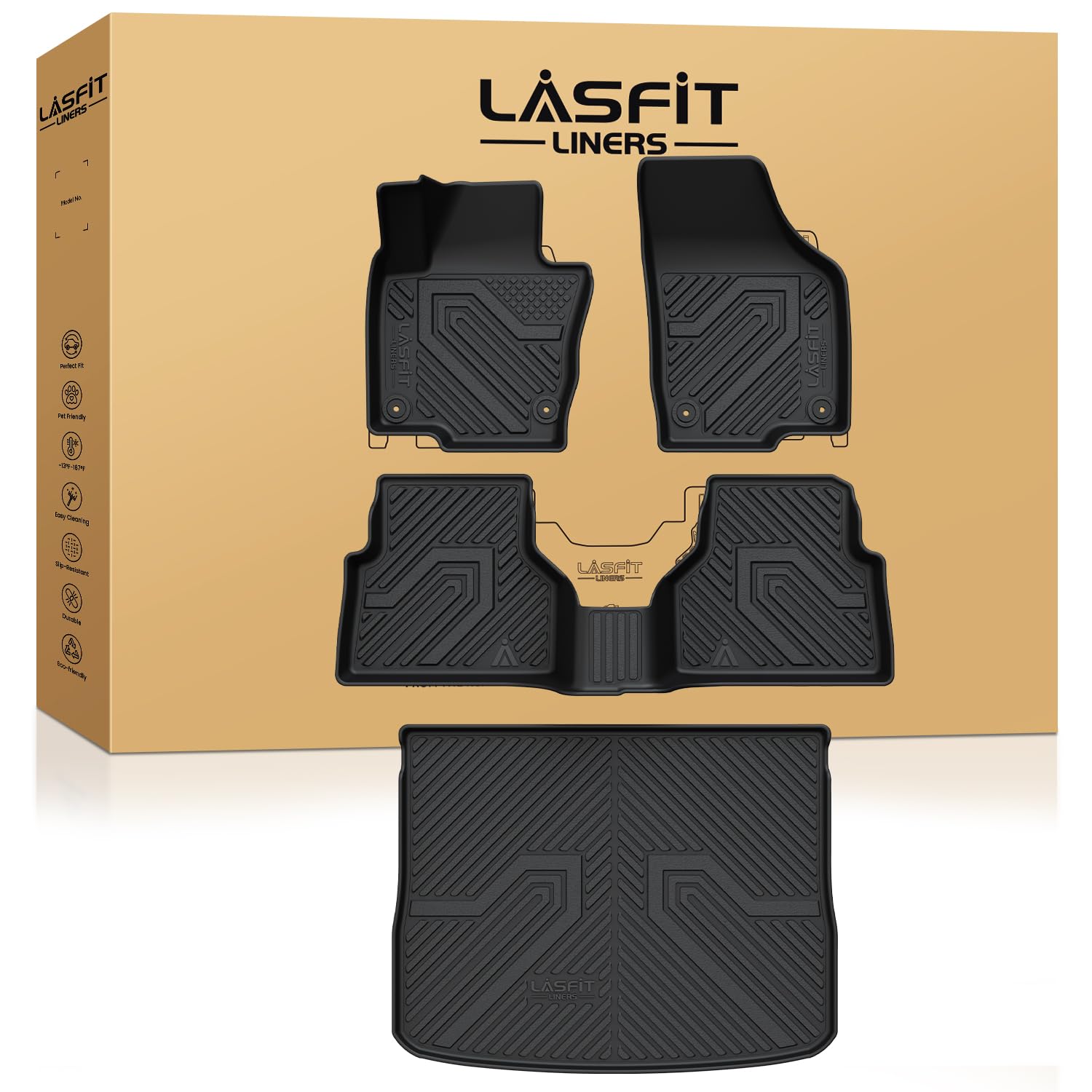 LASFIT Floor Mats for Volkswagen Tiguan 2009-2017, All Weather TPE Custom Fit Floor Liners for 1st &amp; 2nd Rows Car Mats &amp; Trunk Mats for VW Tiguan Accessories, Black