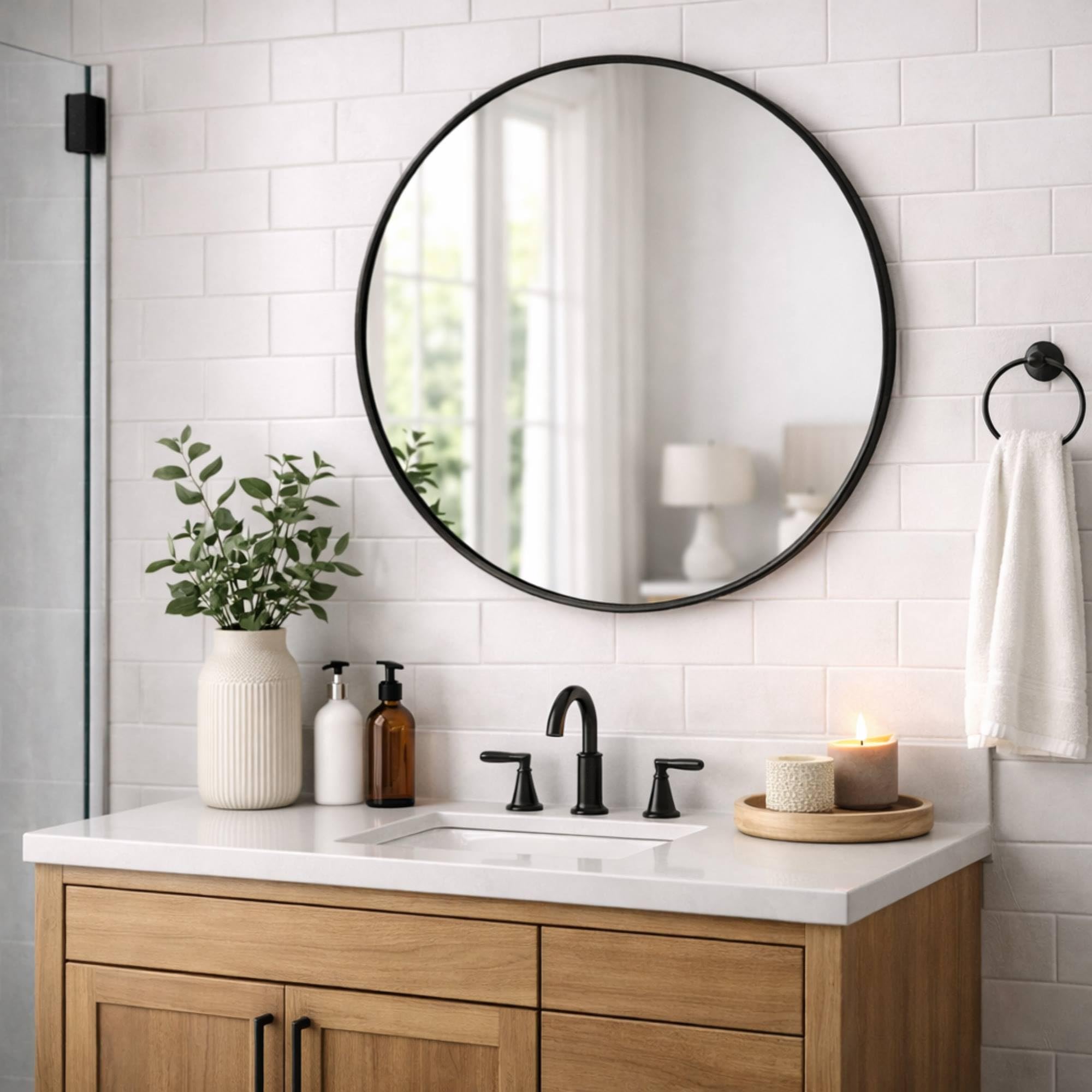 Well Home Espejo Redondo Ø60cm Marco de Madera en Acabado Negro, con Gancho Trasero, Ideal para recibidor o baño
