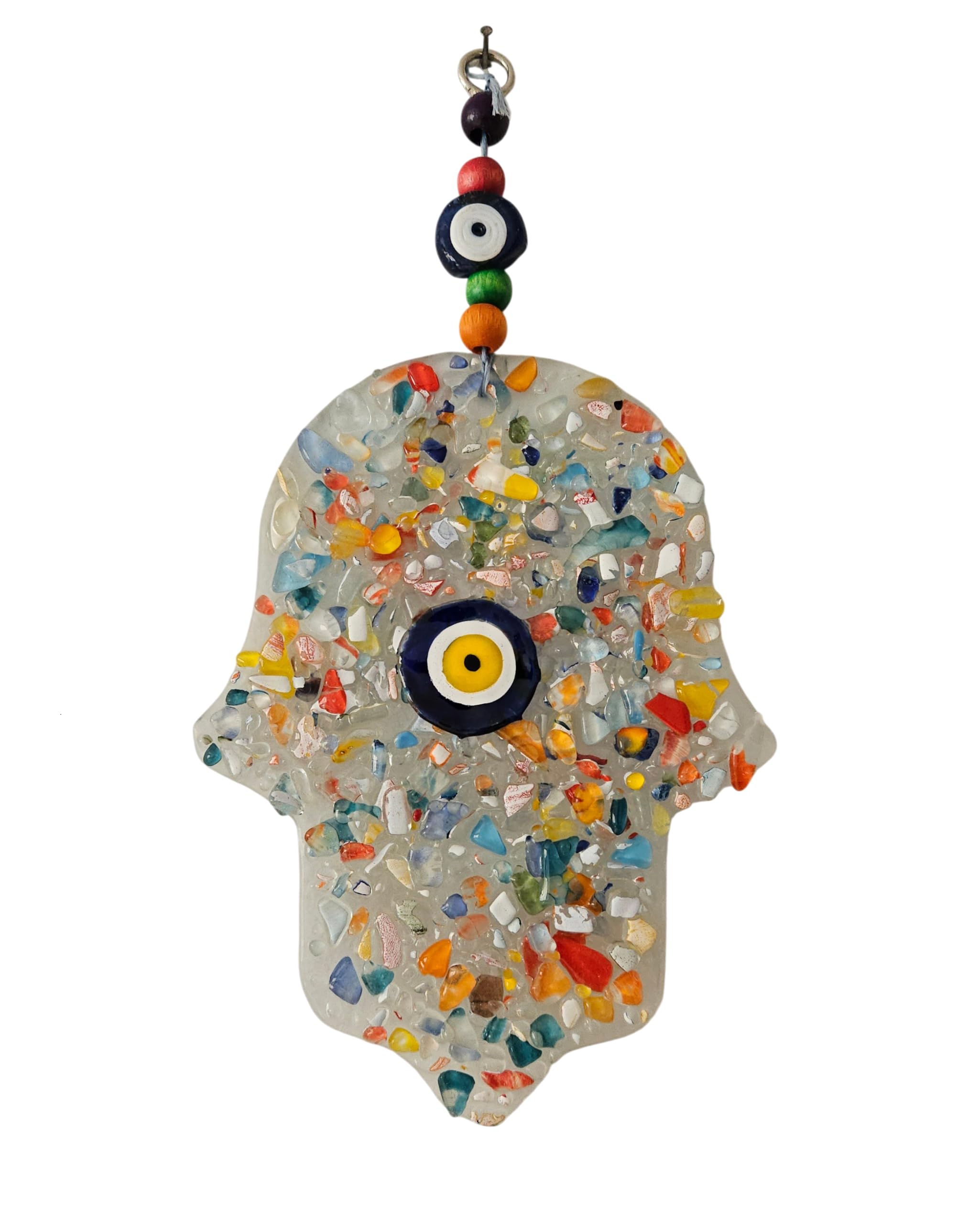 MYSTIC JEWELS - Mano di Fatima Amuleto Ciondolo da Parete in Vetro Mosaico, Occhio Turco, 12 x 20 cm, Decorazione di Buona Fortuna con Perline Multicolore, Ornamento di Protezione per la Casa