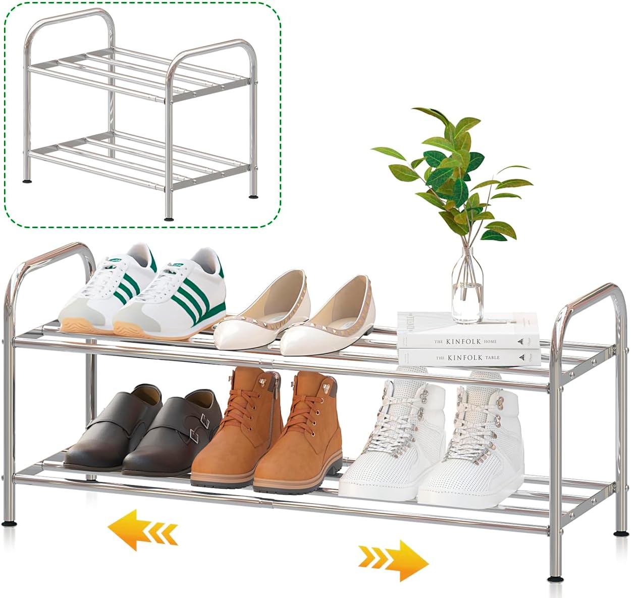 2-Tier Low Shoe Rack, 100% Stainless Steel, Small Expandable Shoe Rack, Stretchable Rod, No Rust, Easy to Care, Simple Metal Storage Rack for Stairs Side, Entrance, Closet, Bathroom