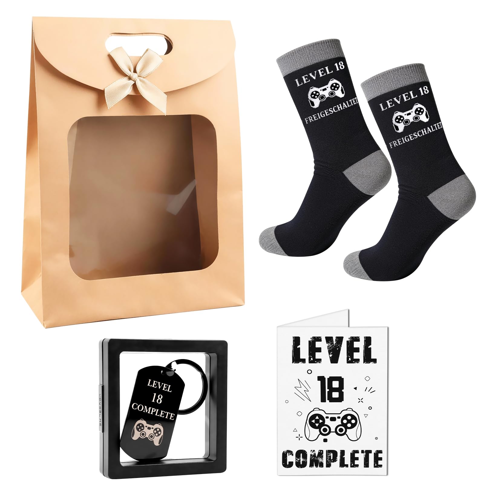 Anruzon Geschenkset zum 18. Geburtstag - Gamer Geschenk mit Socken Schlüsselanhänger Grußkarten Geschenktüten - Geschenke zum 18. Geburtstag für Spielebegeisterte Jungen Teenager Mädchen Söhne Brüder