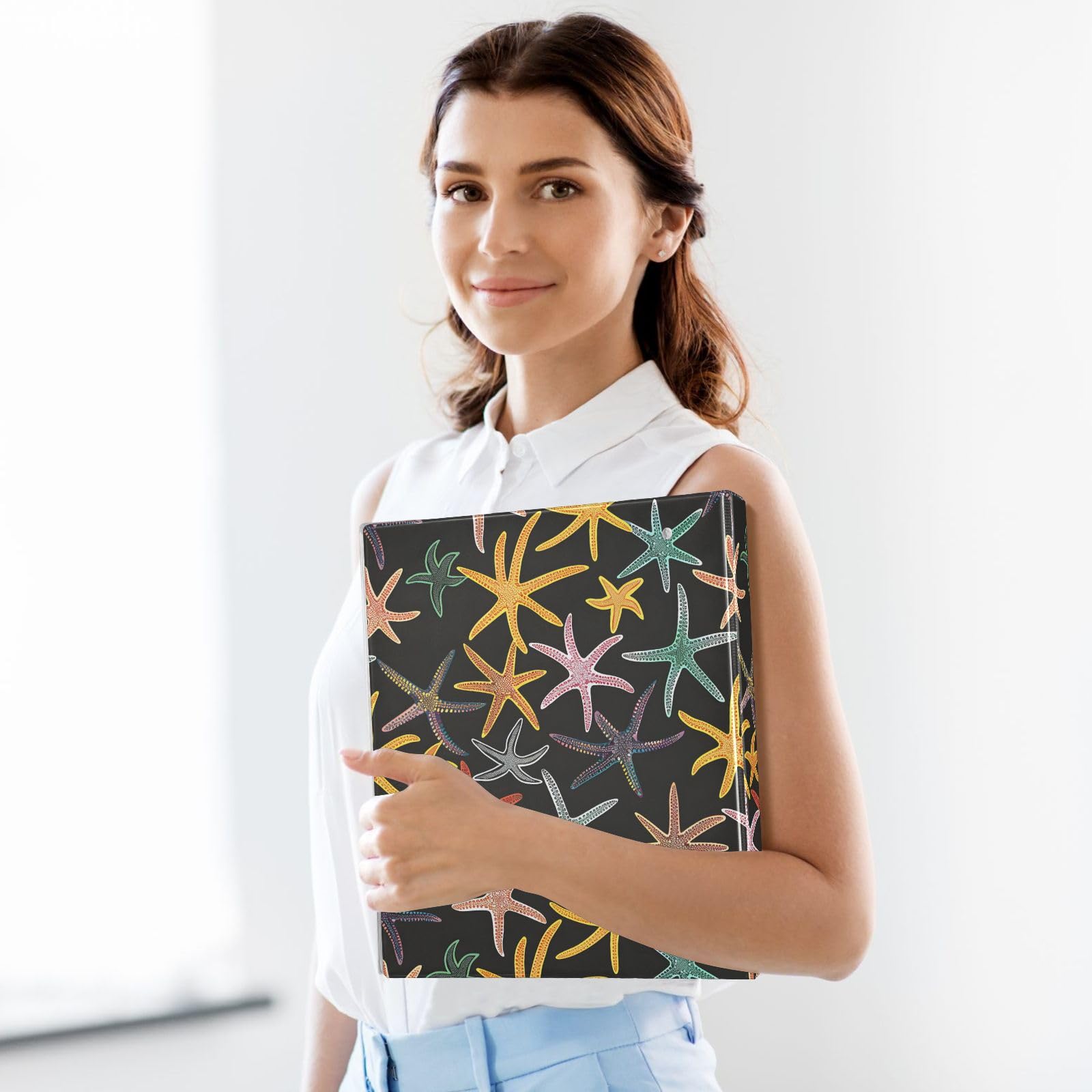 Raccoglitore a 3 anelli con stampa a stella marina colorata, 3,8 cm, contiene 200 fogli con 3 tasche interne trasparenti in PVC per scuola e ufficio