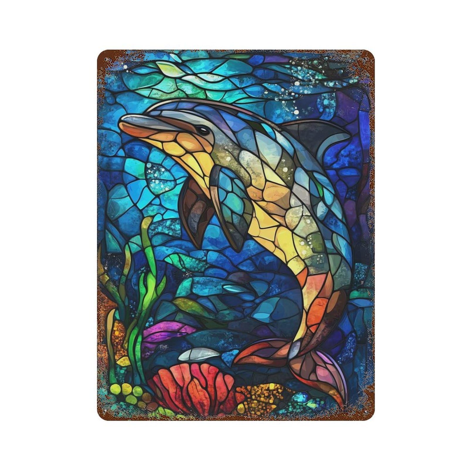 Stained Glass Dolphin Weathered Tin Sign 15.7"x11.8", Vintage Wall Decor for Garage, Pub Or Kitchen