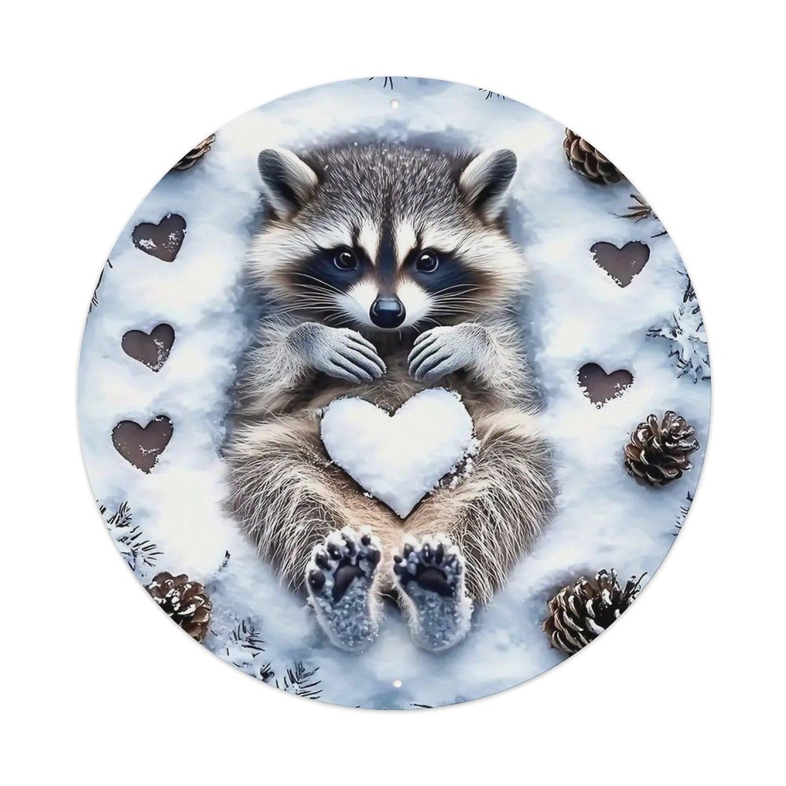 Animal Raccoon Winter Heart Shaped Snow Forest Vintage Metal Tin Sign Plaque Wall Decor for Cafe, Club Bar, Office, Garden Metal Poster 8x8Inch