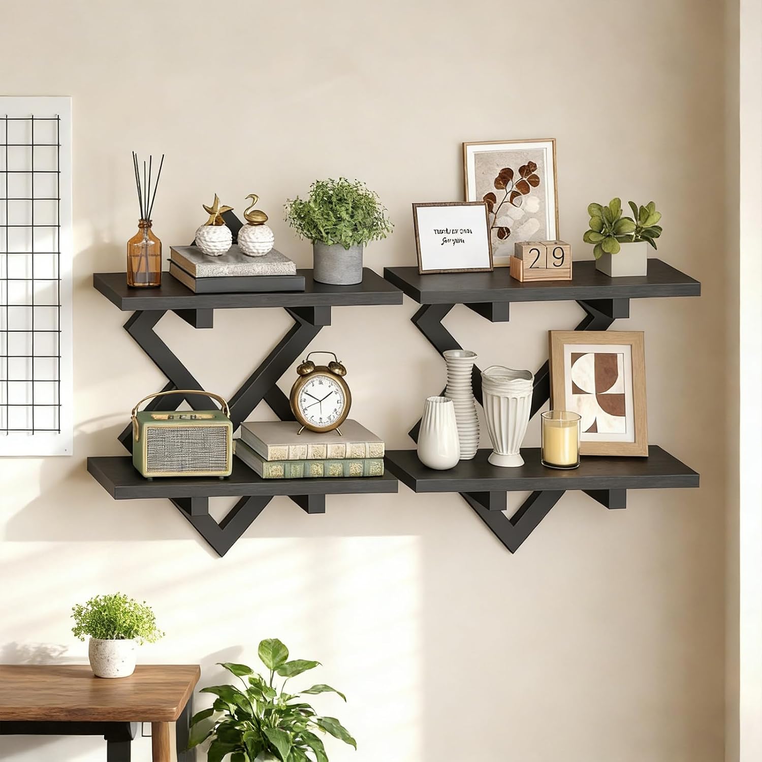 HOOBRO Corner Shelf Wall-Mounted, Set of 2 Floating Corner Shelves for Wall, Corner Bookshelves for Living Room, Bedroom, Bathroom, Home Office, Black BK25BJP201-BB14BJP201