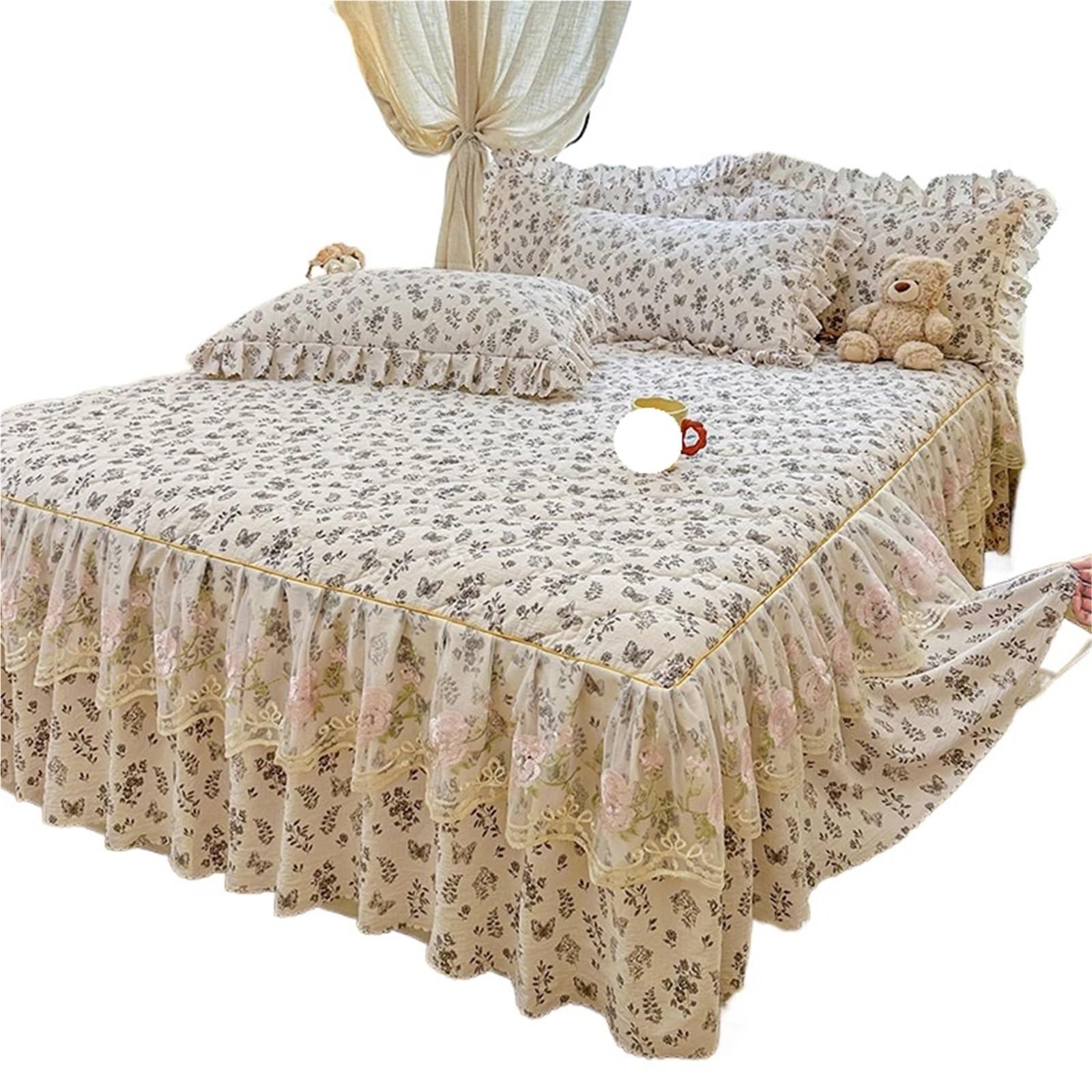 Ruffled Bedspread 1pc Quilted Bed Skirt Soft Printed Bedspread Ruffles Linen With Elastic Band Home Cover (No Pillowcase)(G,SKing 200x220cm 1pc)
