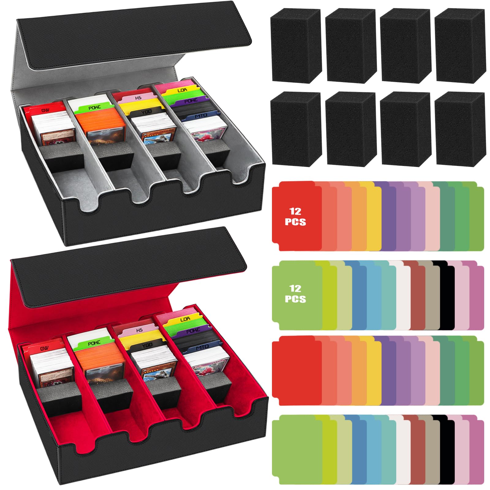 HIMOMO 2 Pack Card Storage Box for Trading Cards, 2800+ PU Leather Card Deck Box,（Grey + Red） — image 1